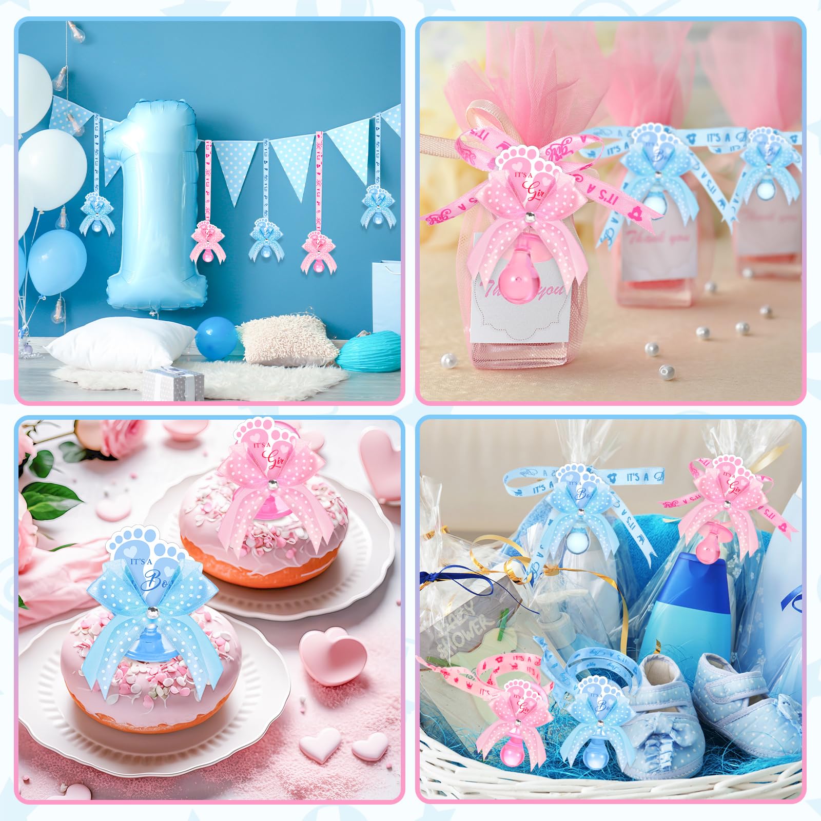 XunYee 36 collares para chupete de baby shower, lindos pies, acrílicos, revelación de género, collar de chupete para decoración de baby shower, revelación de género, mesa de distribución de fiestas,
