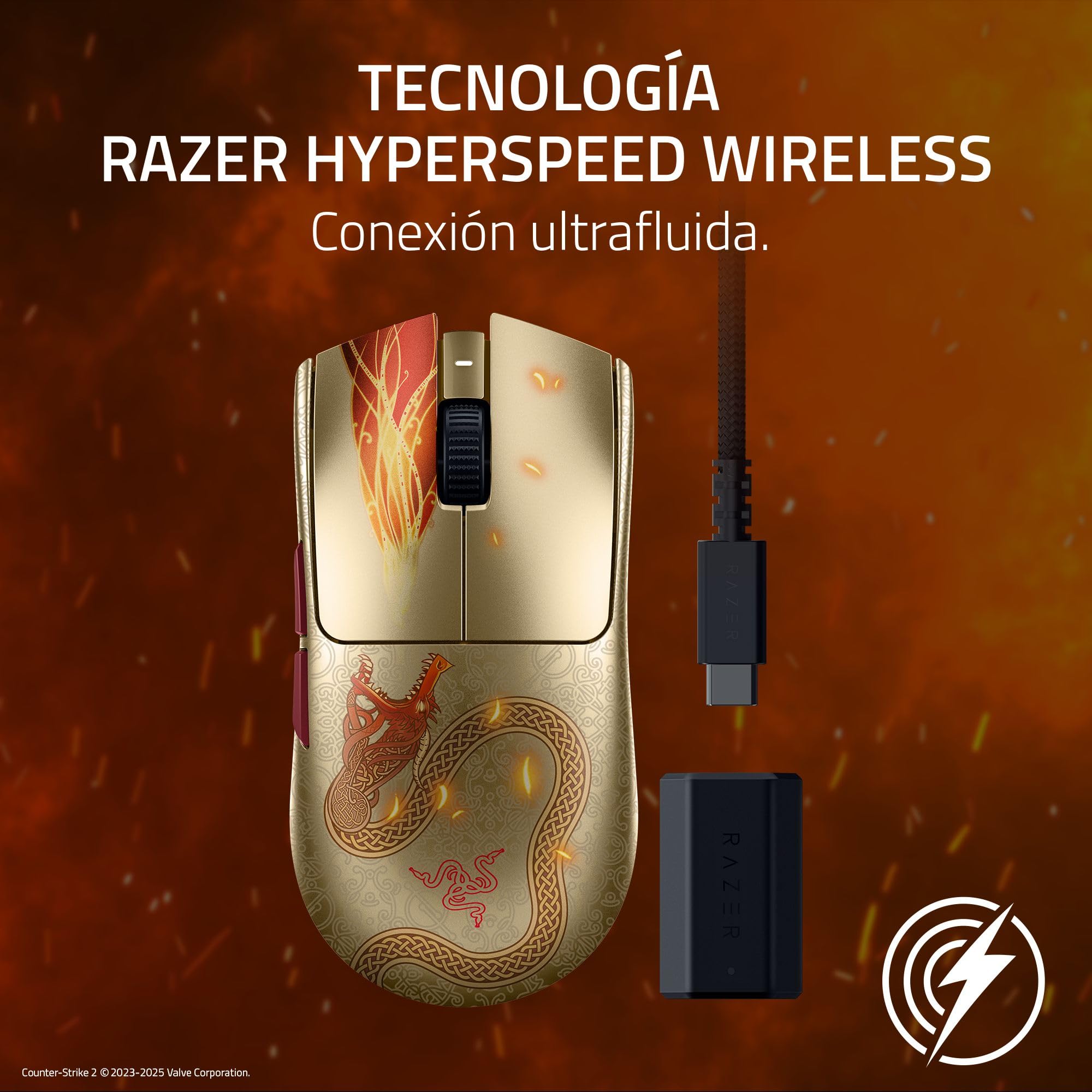 Razer Viper V3 Pro Counter-Strike 2 Dragon Lore - Ratón inalámbrico Ultraligero para Juegos Esports - 55g - HyperPolling 8K - Sensor 35K PPP - 2,4 GHz HyperSpeed - 95 Horas - PC/Mac | Dragon Lore