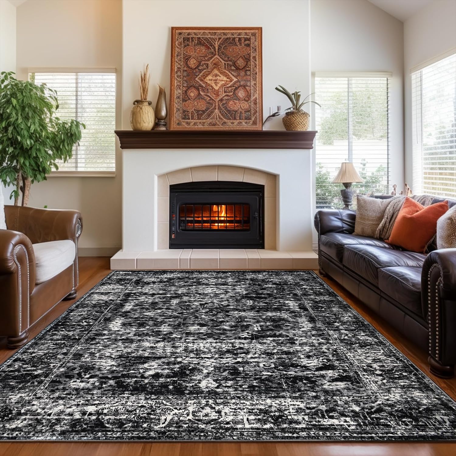 Rugs for Living Room, 6x9 Large Area Rugs Ultra Soft Washable, Vintage Boho Faux Wool Carpet for Dining Room, Bedroom, Office, Home Decor (Black)