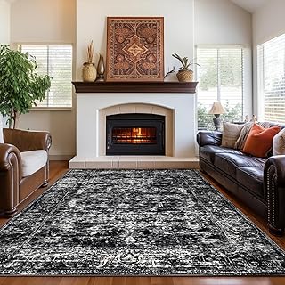 Rugs for Living Room, 8x10 Large Area Rugs Ultra Soft Washable, Vintage Boho Faux Wool Carpet for Dining Room, Bedroom, Office, Home Decor (Black)
