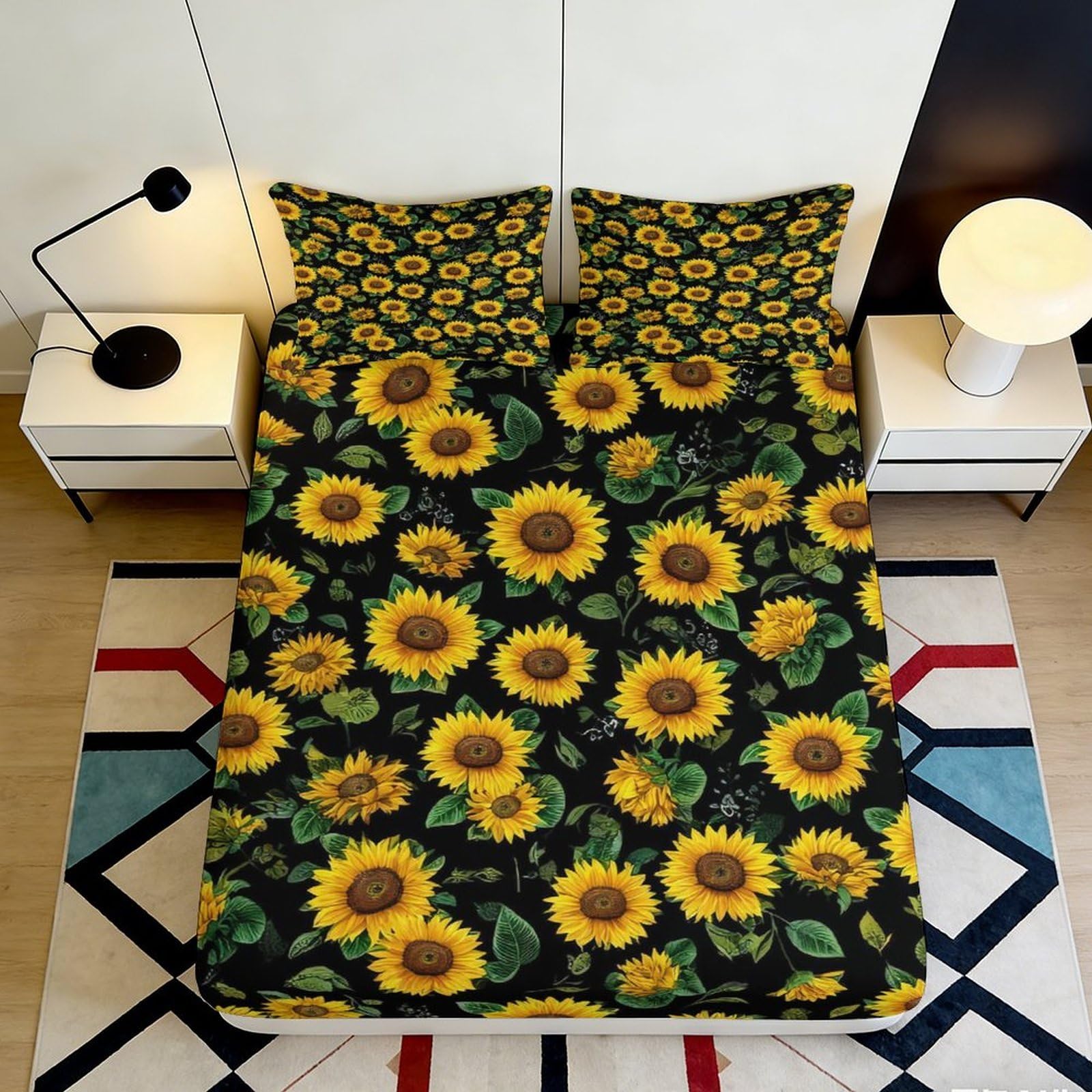 3D Printed Sunflower Fitted Sheet Microfiber Deep Pocket Bedroom Bedding Full Wrap Sunflower Mattress Fitted Cover for Adults 90x200x25cm