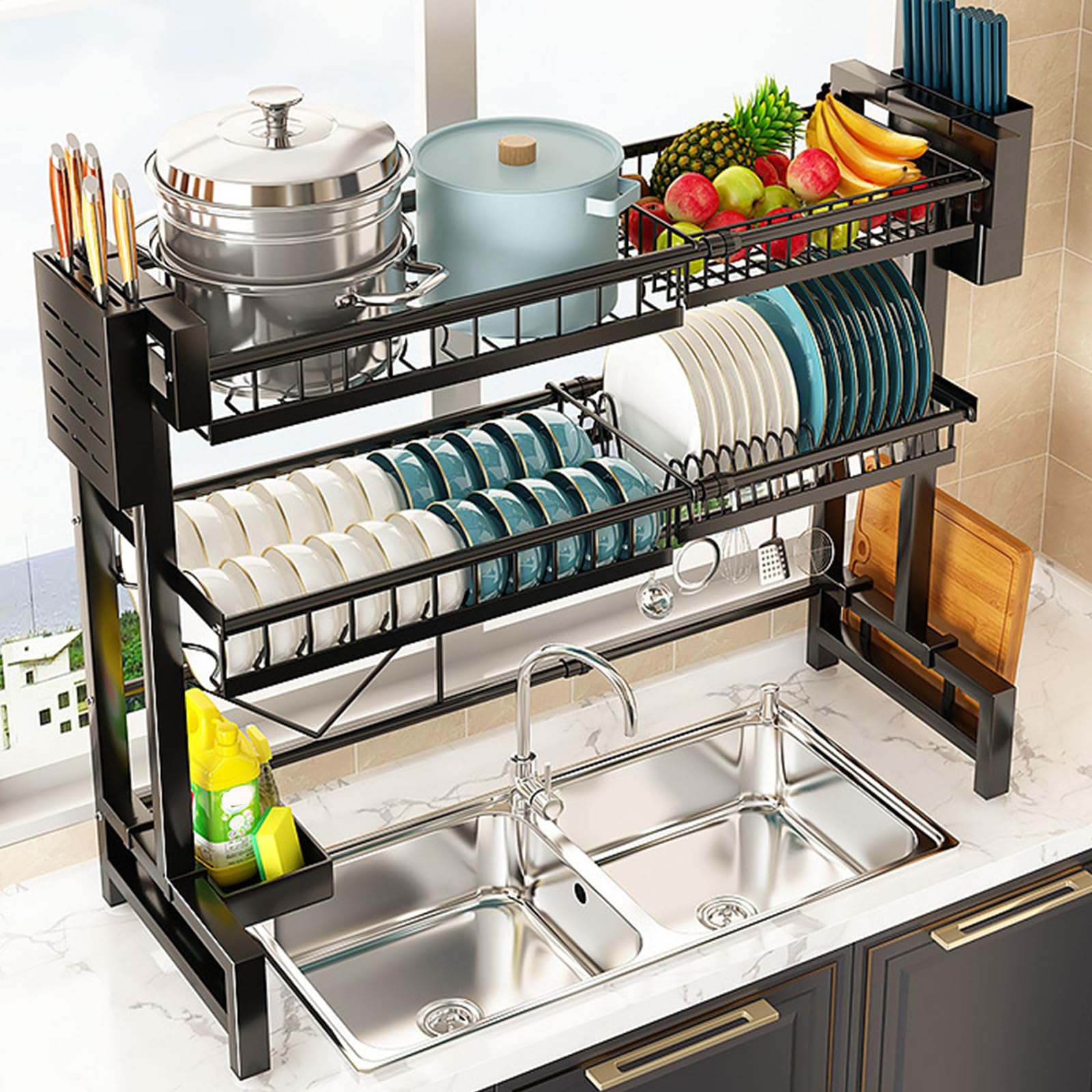 Lar Abtropfgestell mit 2 Ebenen, erweiterbar über der Spüle (5895 cm), Edelstahl, verstellbares Design, multifunktionaler Geschirrabtropfer.