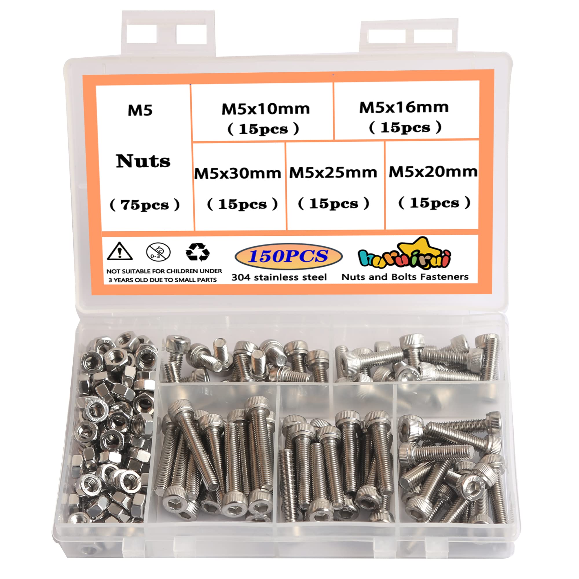huruirui M5 Nuts And Bolts Set 304 Stainless Steel Hex Socket Head Cap Screws Rustproof,Nuts and Bolts Assortment for Car and Boat Accessories Machine Screw 150pcs