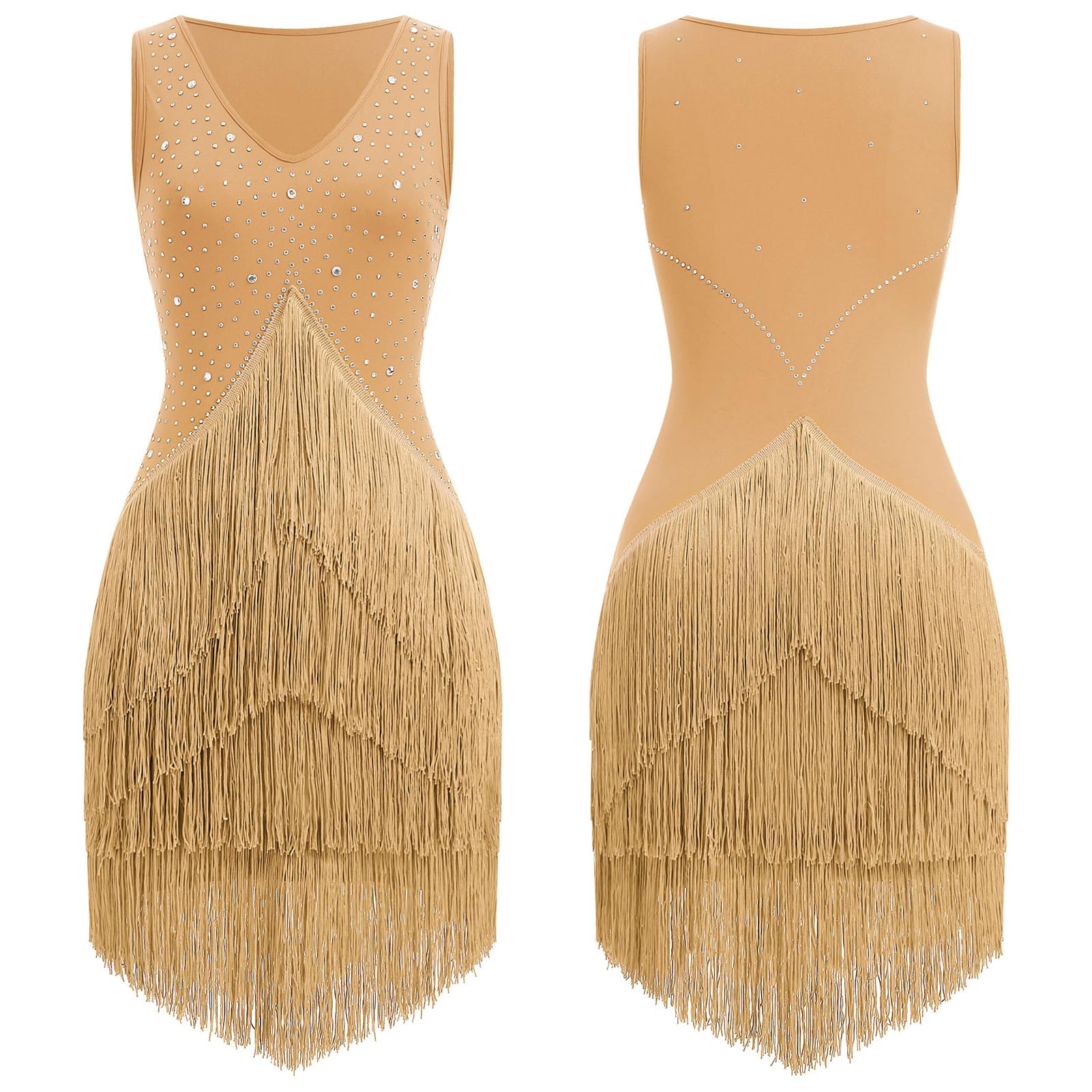Vestido de baile latino para mujer, estilo vintage de los años 20, sin mangas, con diamantes de imitación, con flecos, estilo Gatsby, cóctel, baile, tangos, chaCha, rumba, flapper, camisola