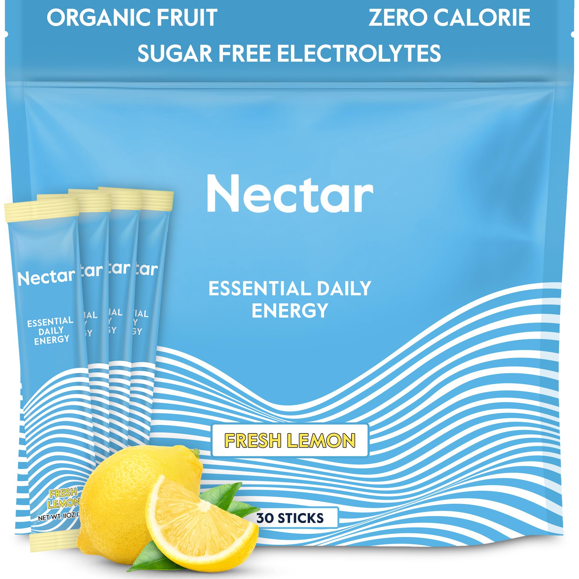 Nectar Energy Booster - Cafeína orgánica, vitamina B12 y electrolitos - Sin azúcar y cero calorías - Alternativa saludable al café, bebida energética y refresco - Suplemento de hidratación y energía (Limón, 30 sobres en polvo)