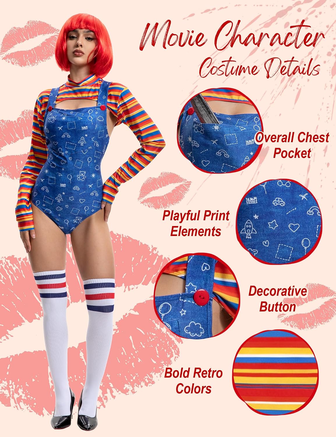Scary Killer Doll Costume, 5 PCS Halloween Striped Overalls Killer Set