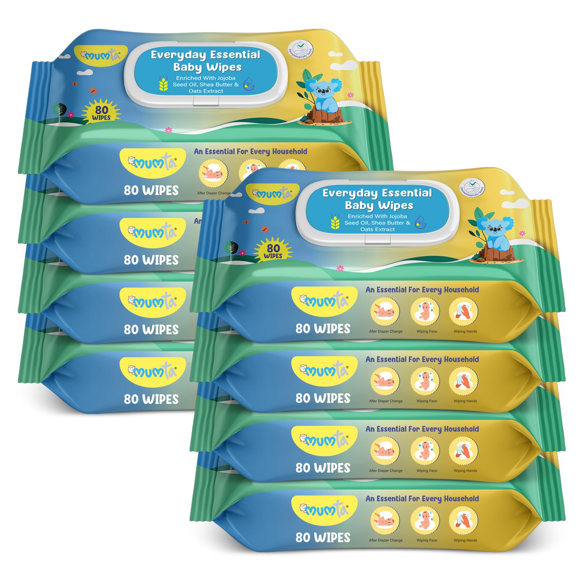 MUMta Cleansing Baby Wipes, Enriched with Aloe Vera, Jojoba seed oil, Shea Butter & Vitamin E - 80 Counts/Pack| Essential Wet Wipes with Lid, Alcohol and Paraben free wipes for Babies/Kids (Pack of 8)-image-47