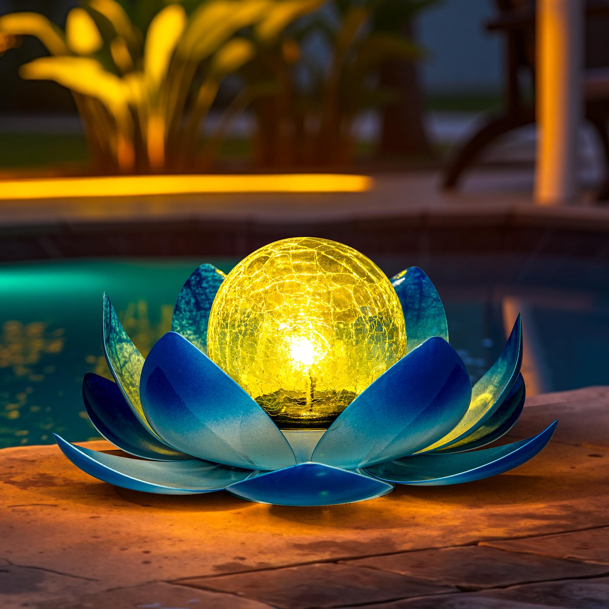 GIGALUMI Solarlampen für Außen, Lotus Garten Deko Licht, LED Solarleuchten für Aussen, Wasserdicht Gartenleuchten Solar, Metal, für Terrasse, Garten, Gras, Balkon(Blau)