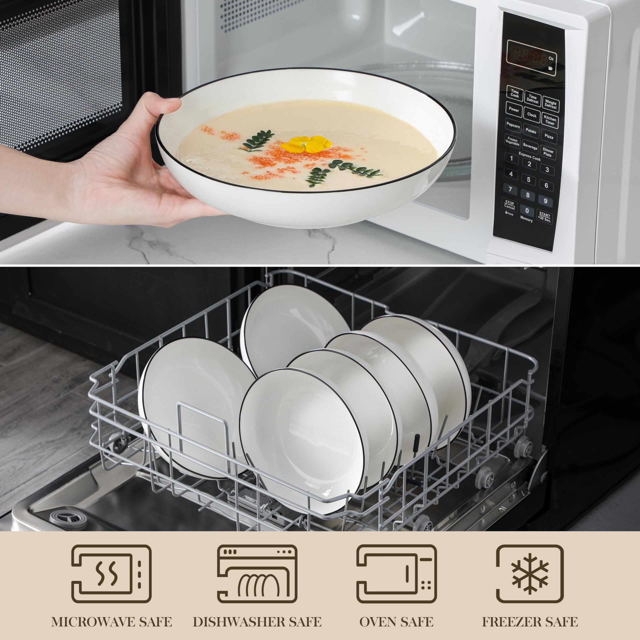 MALACASA Série REGULAR 1250ml Assiettes à Pâtes en Porcelaine, Assiettes Creuses, Service de Bols à Salade 4 Pièces, Blanc avec Bord Noir