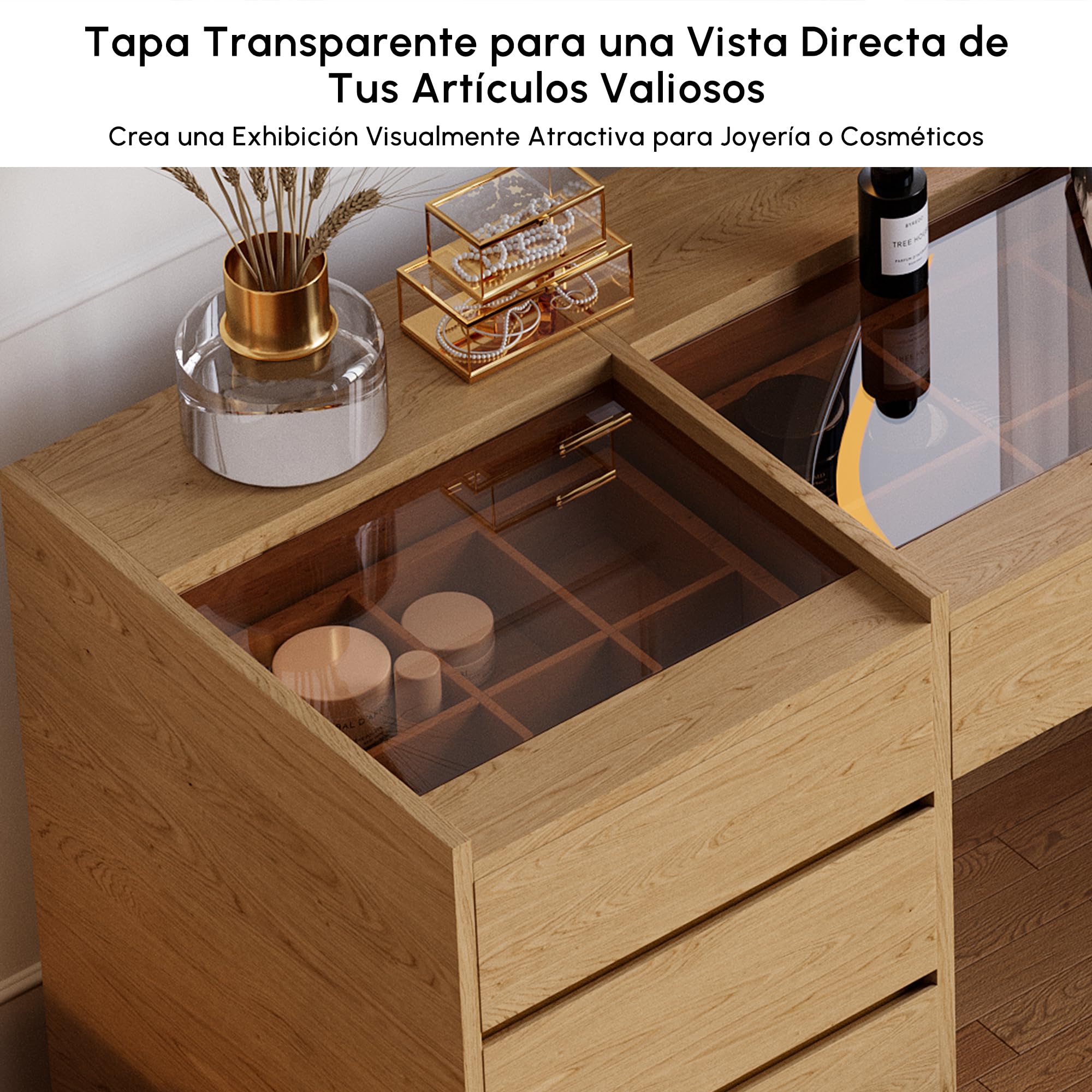 Homary Tocador de Maquillaje 140 cm con Taburete, Tocador de Maquillaje Moderno con Espejo LED, Mesa de Cristal con USB y Joyero con LED Luz, Natural