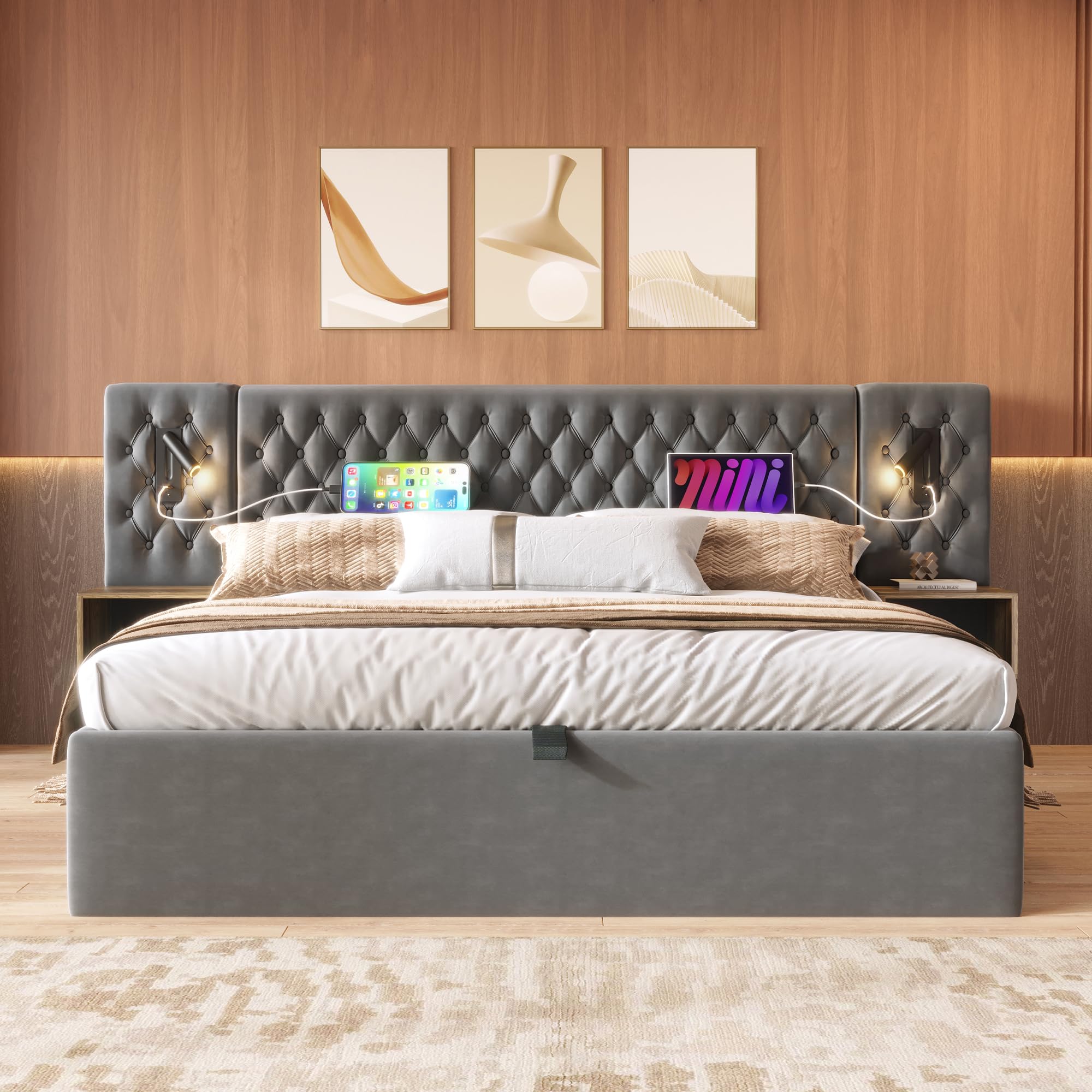 Bettanlage Schlafzimmer Komplett Set,Polsterbett Hydraulisch Stauraumbett Doppelbett mit 2 Nachttischen, Kopfteil Leselicht mit USB Ladefunktion, Samt, Ohne Matratze (Grau/2 Nachttischen, 160x200cm)
