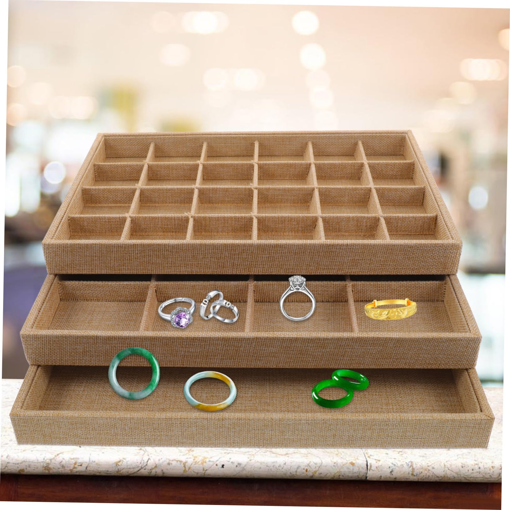 TOYANDONA 3 piezas Bandeja Organizadora de Joyas de Lino Apilable para Mujer Almacenamiento Práctico con Compartimentos para Anillos Pendientes Collares Caja Ligera y Portátil para Viaje y