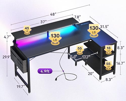 Miniatura 3 de ODK Escritorio para juegos de 48 pulgadas con puertos de carga USB y luces LED, escritorio reversible en forma de L con estantes de almacenamiento y