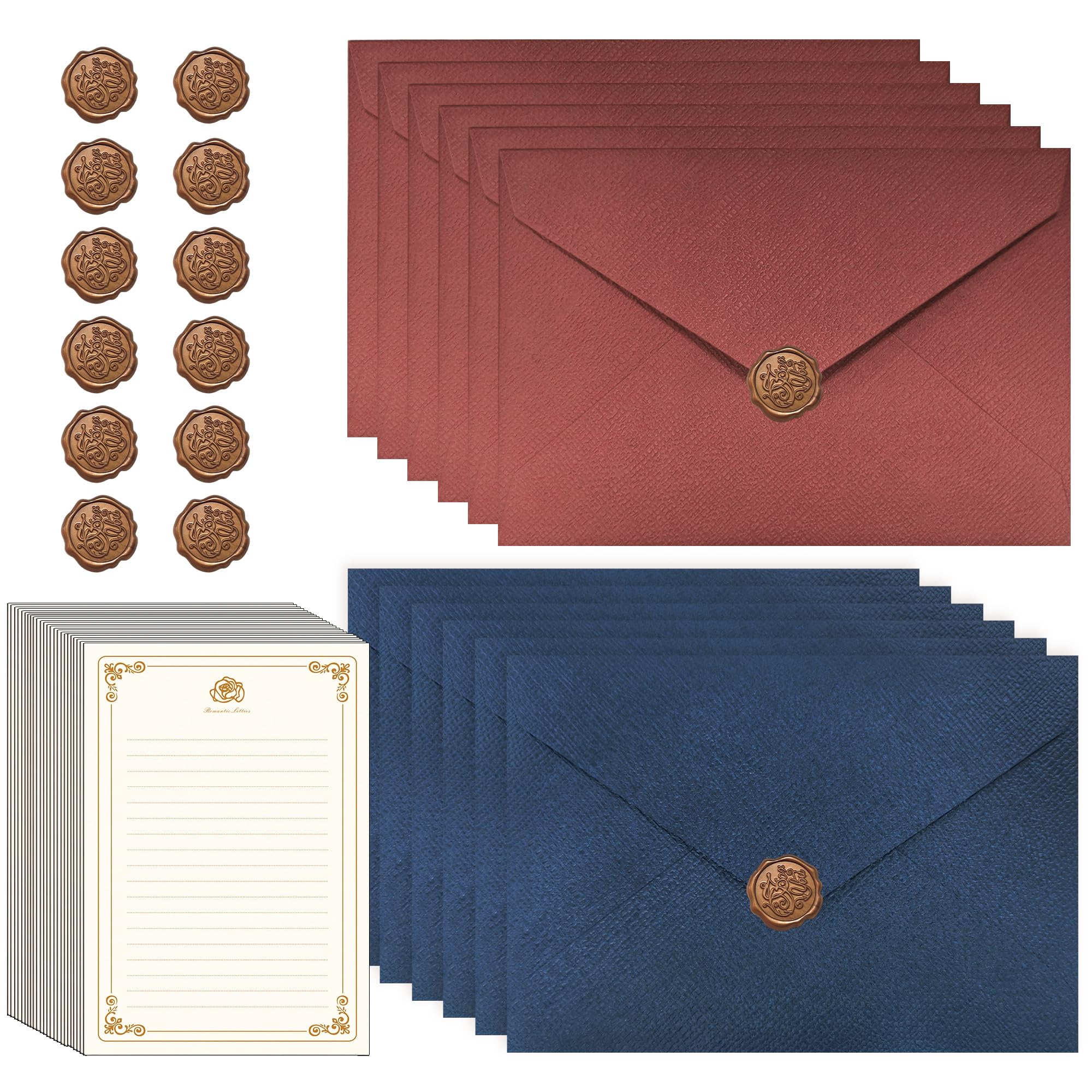 48PCS Vintage Writing Paper and Envelopes Set, 12 Letter Envelopes and 24 Sheets of Letter Paper with 12 Wax Seal Stickers, Great for Invitations Special Occasions and Personal Letters