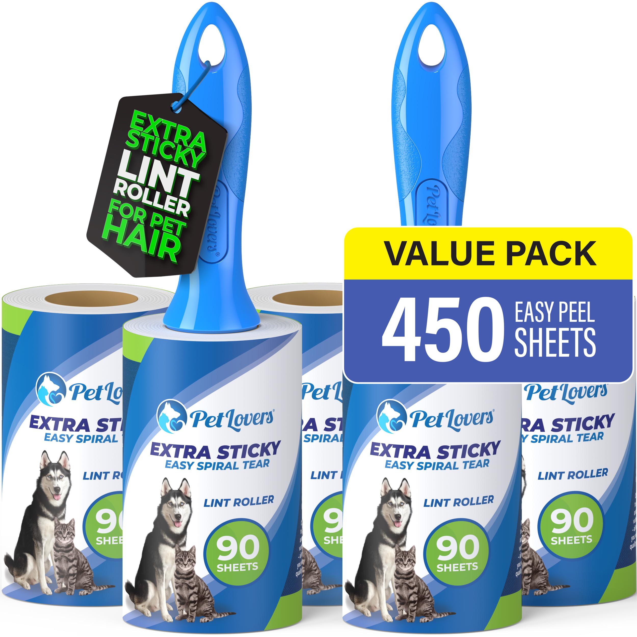 PetLovers Rollo Extra de Pelusa Adhesiva Conjunto de megavalor 450 Hojas para depilación de Mascotas, removedor de Pelusa para Perros y Gatos Paquete de 5