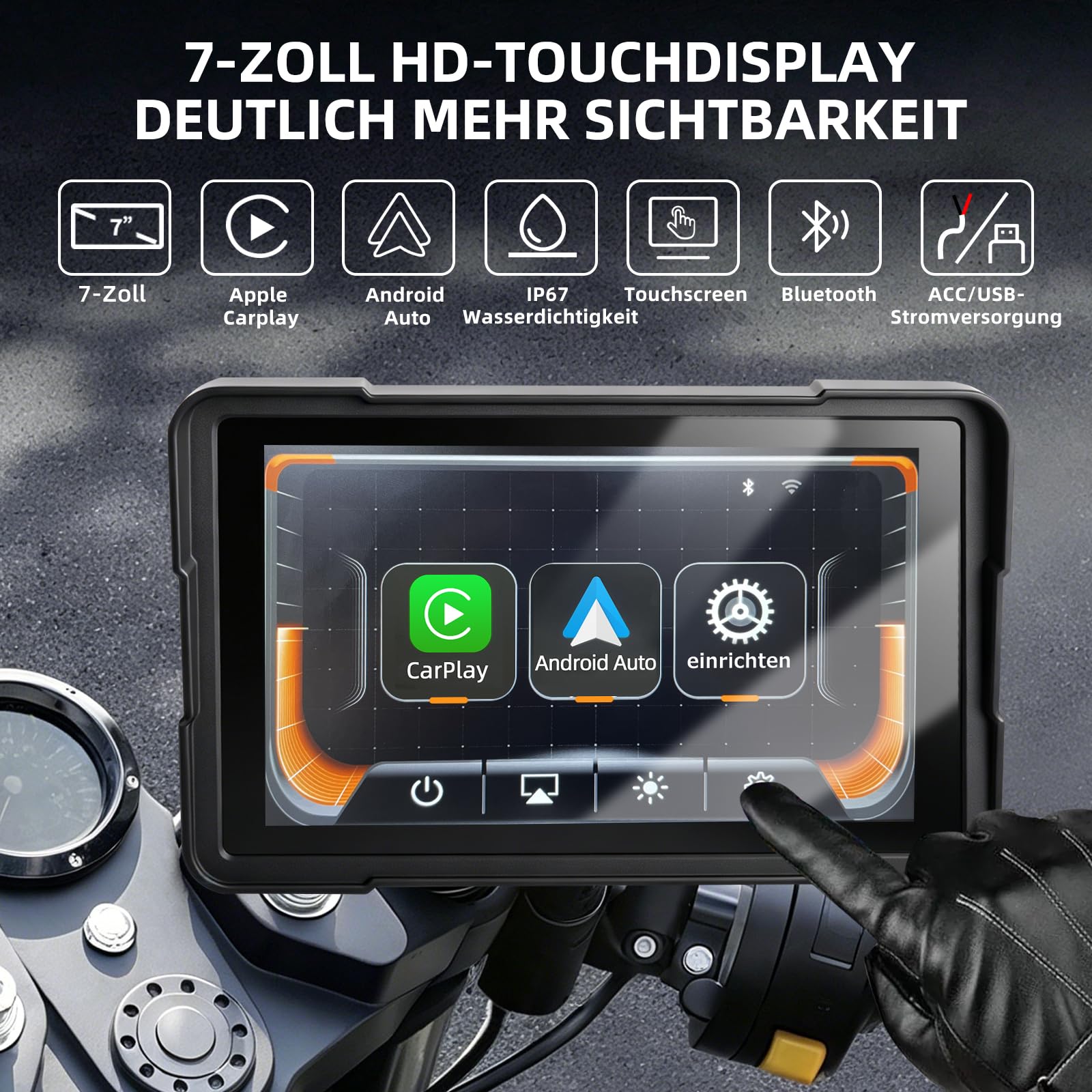 7 Zoll Motorrad Display mit Wireless CarPlay & Android Auto, 1000 Nits Helles Motorrad Navi Touchscreen, IP67 Wasserdicht, Dual-Stromversorgung (Acc/USB), Sprachsteuerung für Navigation & Musik