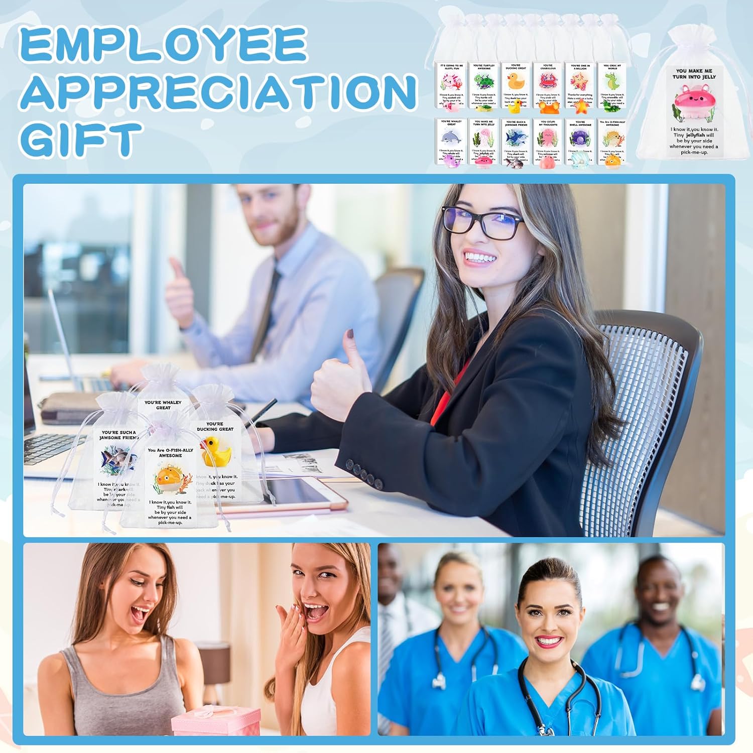 Briwooody 120 Pcs Employee Appreciation Gifts Bulk for Coworkers Teachers End of Year Presents Resin Toys Pun Inspirational Notecards Thank You Gift Set for Staff Coworker Office (Ocean Animals)