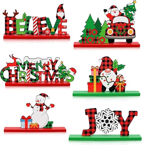 6 piezas de decoraciones navideñas de madera, decoraciones de mesa a cuadros de búfalo, letreros de centro de mesa navideño con Santa, muñeco de