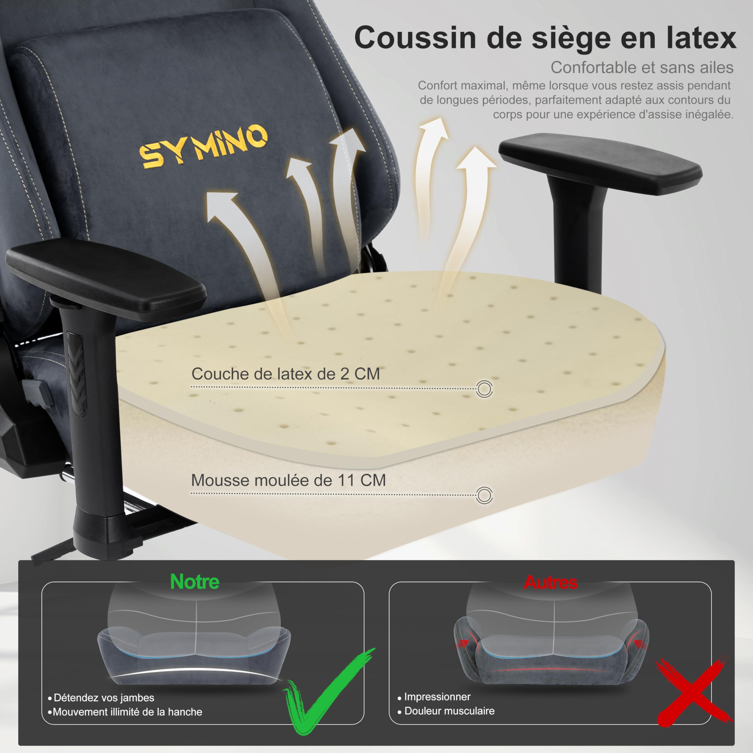 Symino Chaise Gamer XL, Siège Large Mousse+Latex, Support Lombaire & Tête, Inclinaison 175°, 300kg, Roues Silencieuses Incluses (Faux Daim, Gris)