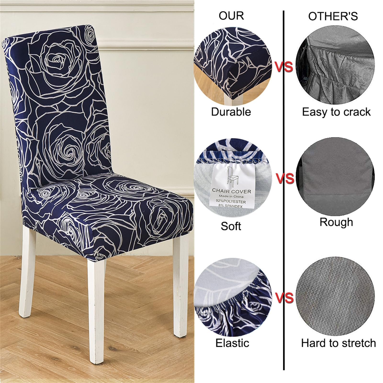 HZDHCLH Chair Covers Set of 4/6 Stretch Modern Chair Slipcovers for Dining Room Kitchen Wedding Party Washable Chair Protector(6pcs,Blue Rose) - Image 2