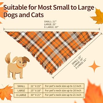 Viretec Fall Dog Bandana, Thanksgiving Autumn Dog Bandana Orange Plaid Pet Scarf for Boy and Girl, Seasonal Holiday Reversible Triangle Bibs for Large X-Large Dogs and Cats