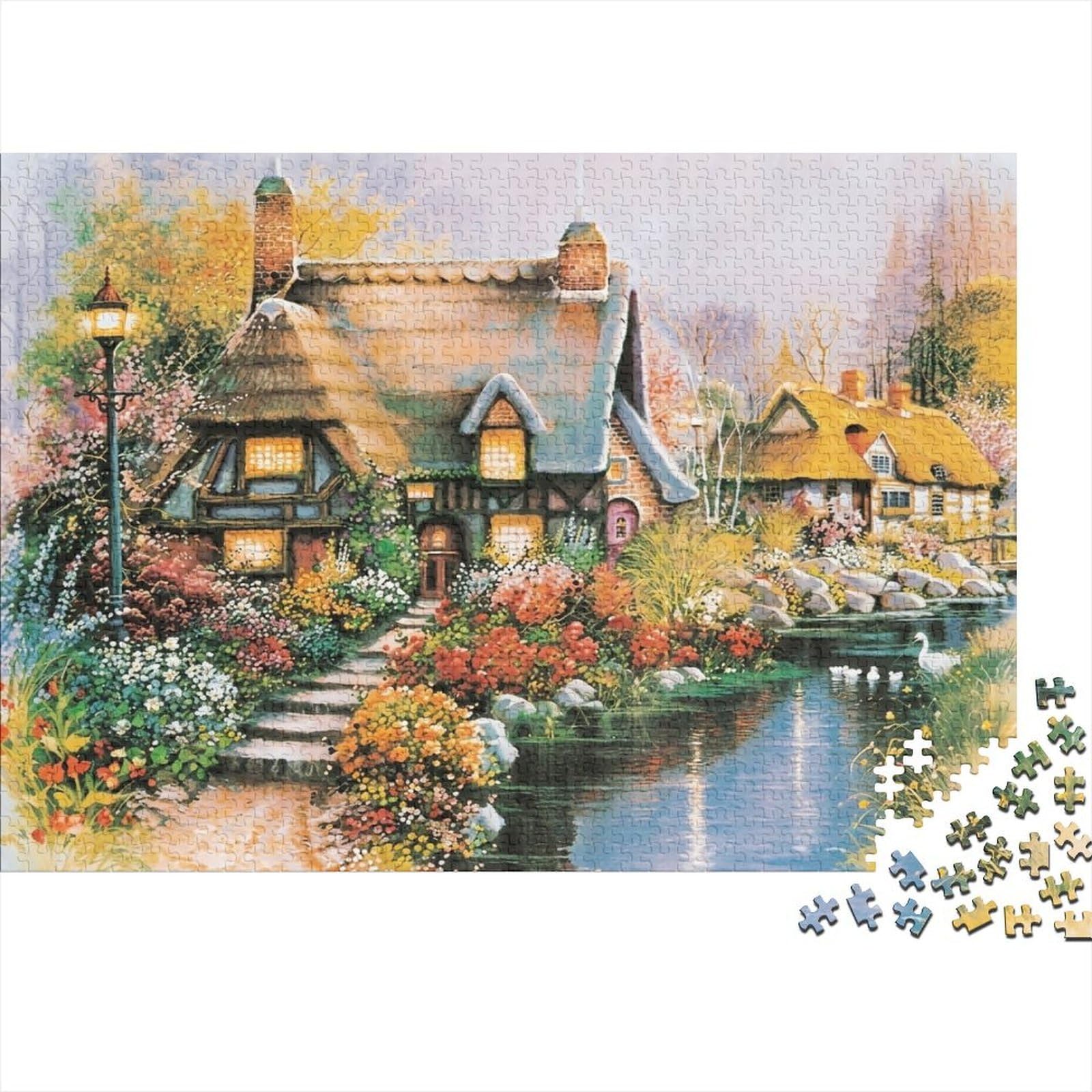 Country Cottage Garden 1000 Piece Jigsaw Puzzle Paper Adult Jigsaw Puzzle for Adults Riverside Scenery Relaxing Focus Home Decor Gift 70x50cm/1000pcs