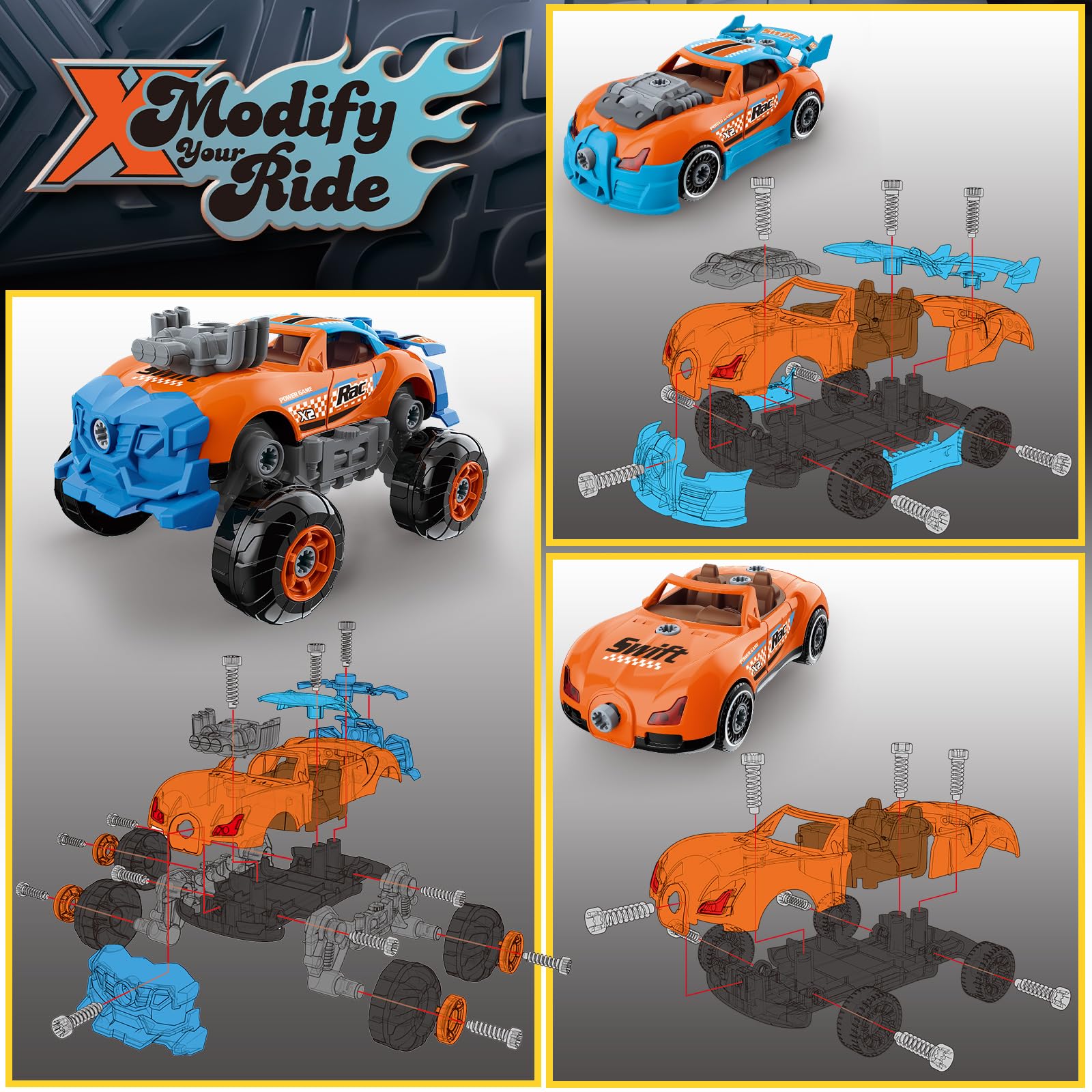 Pup Go Auto 3-in-1 Smontabile per Ragazzi di 3 4 5 6 7 8 Anni, 43 Pezzi con Trapano Elettrico, Giocattolo Camion da Costruzione, Costruisci la Tua Auto, Regalo Giochi Ideale per Bambini (Arancione)