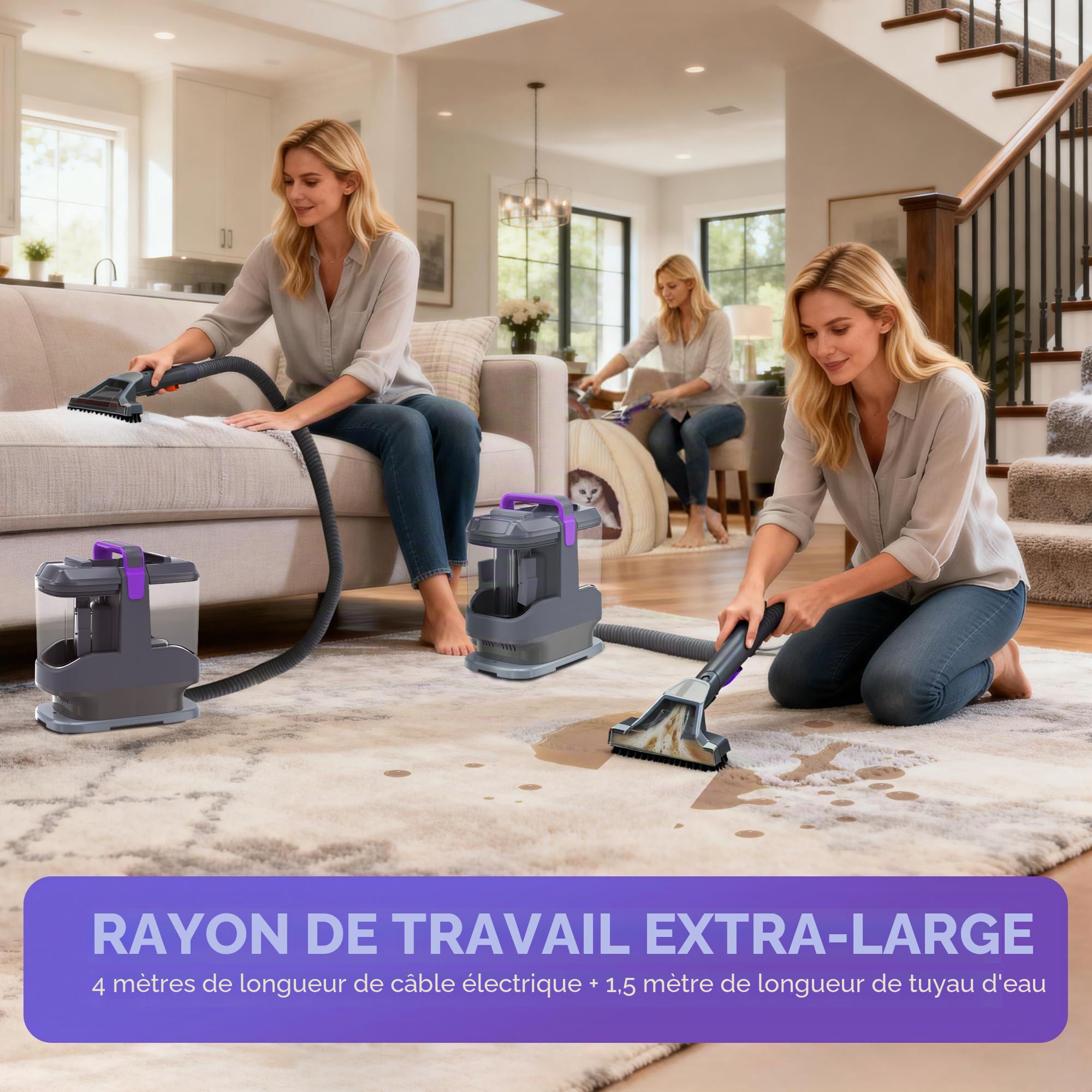 Shampouineuse 450W 13kPa, Nettoyeur Canapé Tissu et Tapis, Aspirateur Laveur pour Canapé, Voiture et Matelas, avec 3 Brosses et Double Réservoir Autonettoyant, Portable Léger 2,6kg
