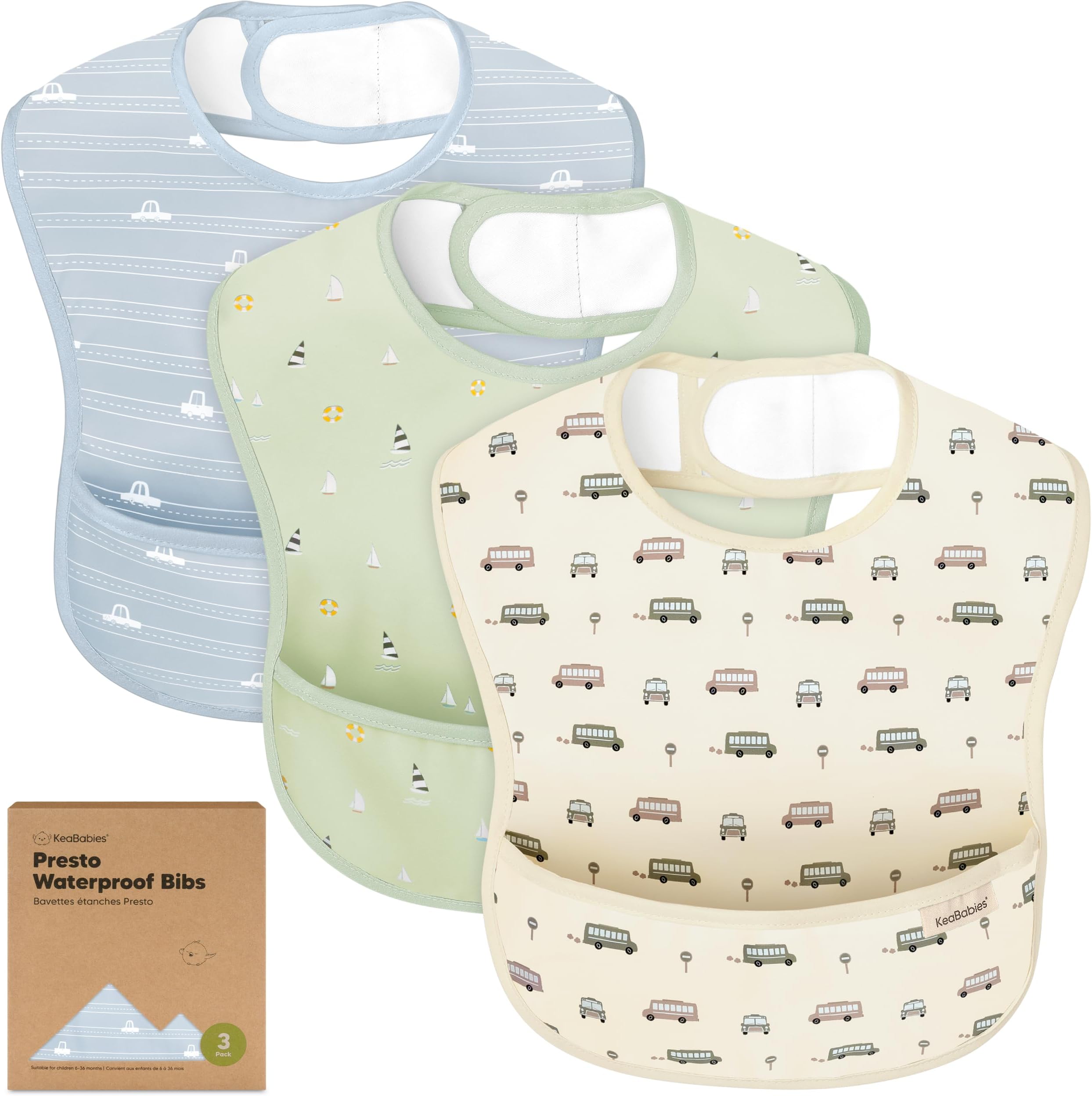 KeaBabies 3-Pack Waterproof Baby Bibs for Eating - Lightweight Toddler Feeding Bibs with Large Food Catcher, Mess Proof, Food-Grade Baby Eating Essentials, Easy to Put On & Clean (Vessels)