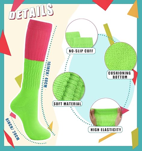Miniatura 6 de Calcetines holgados de neón para mujer de los años 80 y 90, calcetines altos hasta la rodilla, suaves y extra largos, calentadores de piernas,