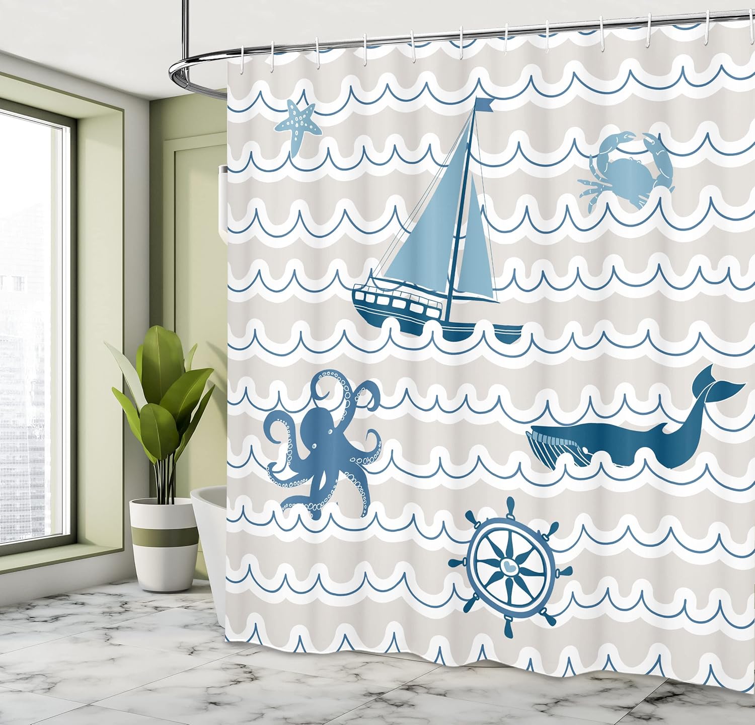 Ambesonne Nautical Shower Curtain, Wave Pattern Marine Elements Octopus Crab Starfish Whale Art, Cloth Fabric Bathroom Decor Set with Hooks, 69" W x 70" L, Beige Blue White
