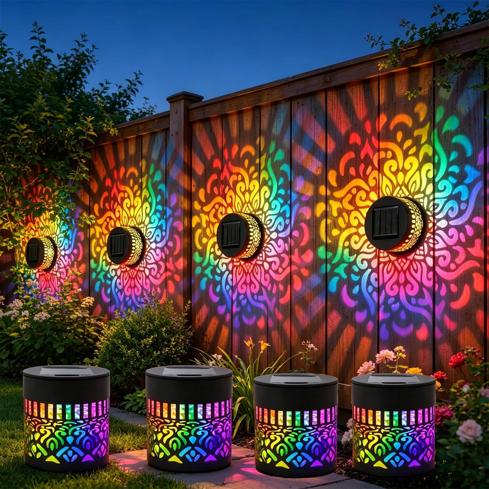 Solar Mandala Wall Lights,Seven‑Color Changing Outdoor Decorative Projection Lamp,Outdoor Waterproof Metal Fence Light for Yard Garden Patio Backyard Post,Mandala Solar Lights (4pc)
