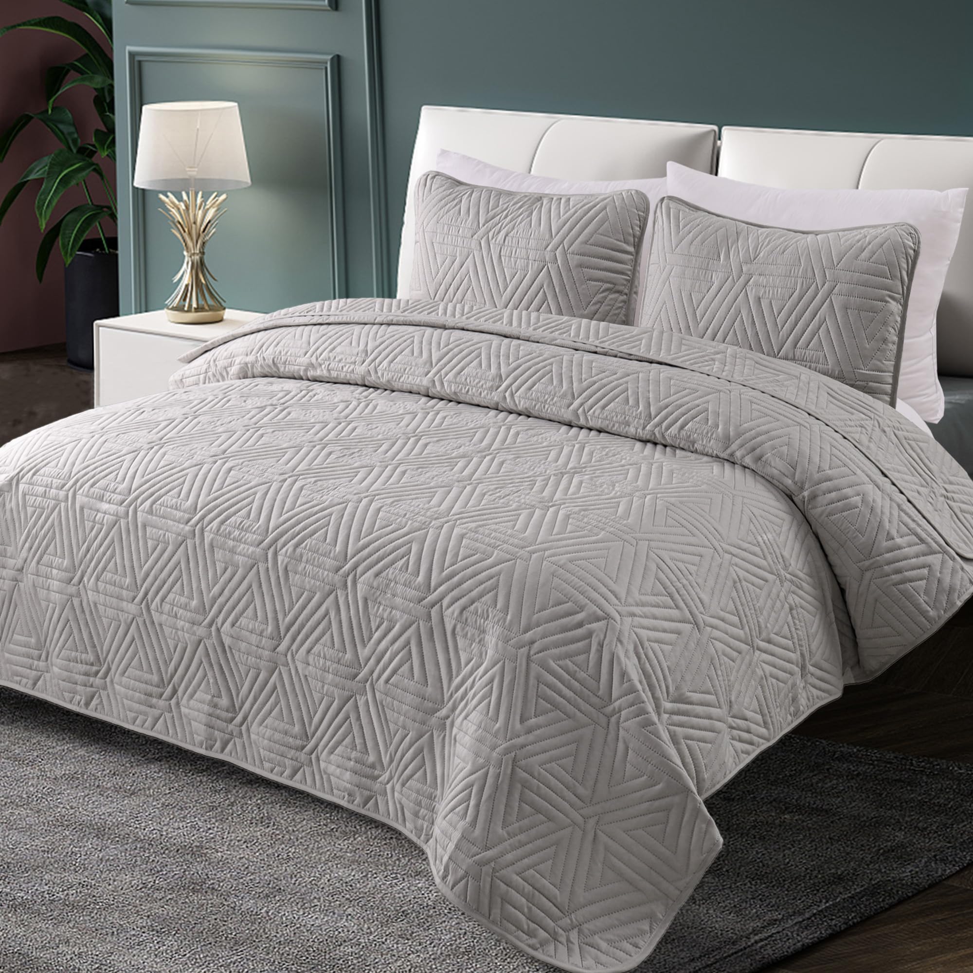 Whale Flotilla Sprei, bedsprei, 260 x 280 cm, sprei met 2 kussenslopen, zacht en licht dekbed met geometrisch patroon voor 4 seizoenen, bruin