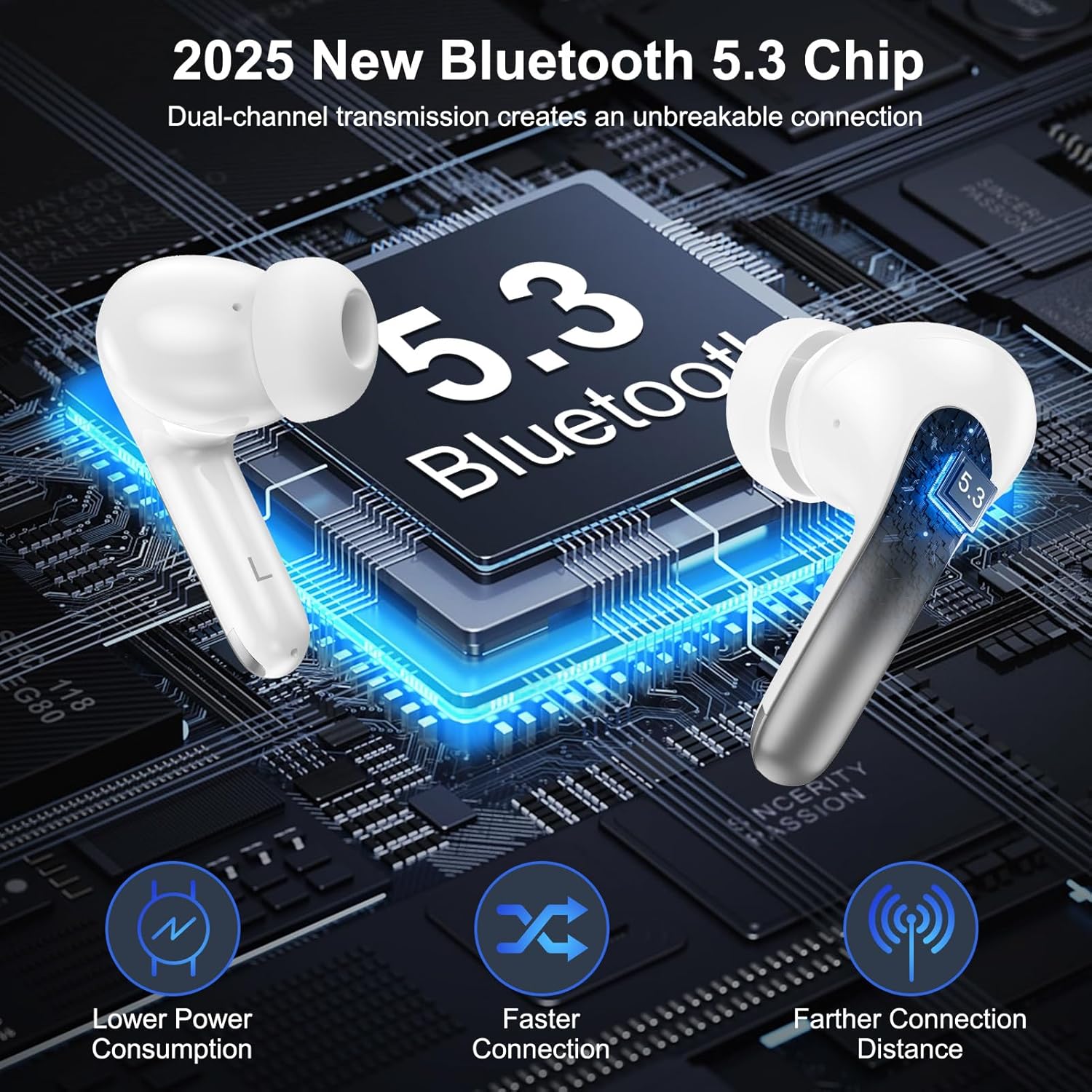 Wireless Earbuds Bluetooth 5.3 Headphones for iPhone 16e/16 Pro/15/14, Earbuds with Noise Cancelling Mic, IP7 Waterproof in Ear Earphones, 60H LED Display Ear buds for Samsung A17 A16 S25 S24 FE Ultra image 4 of 8 B0FJD4PY2M