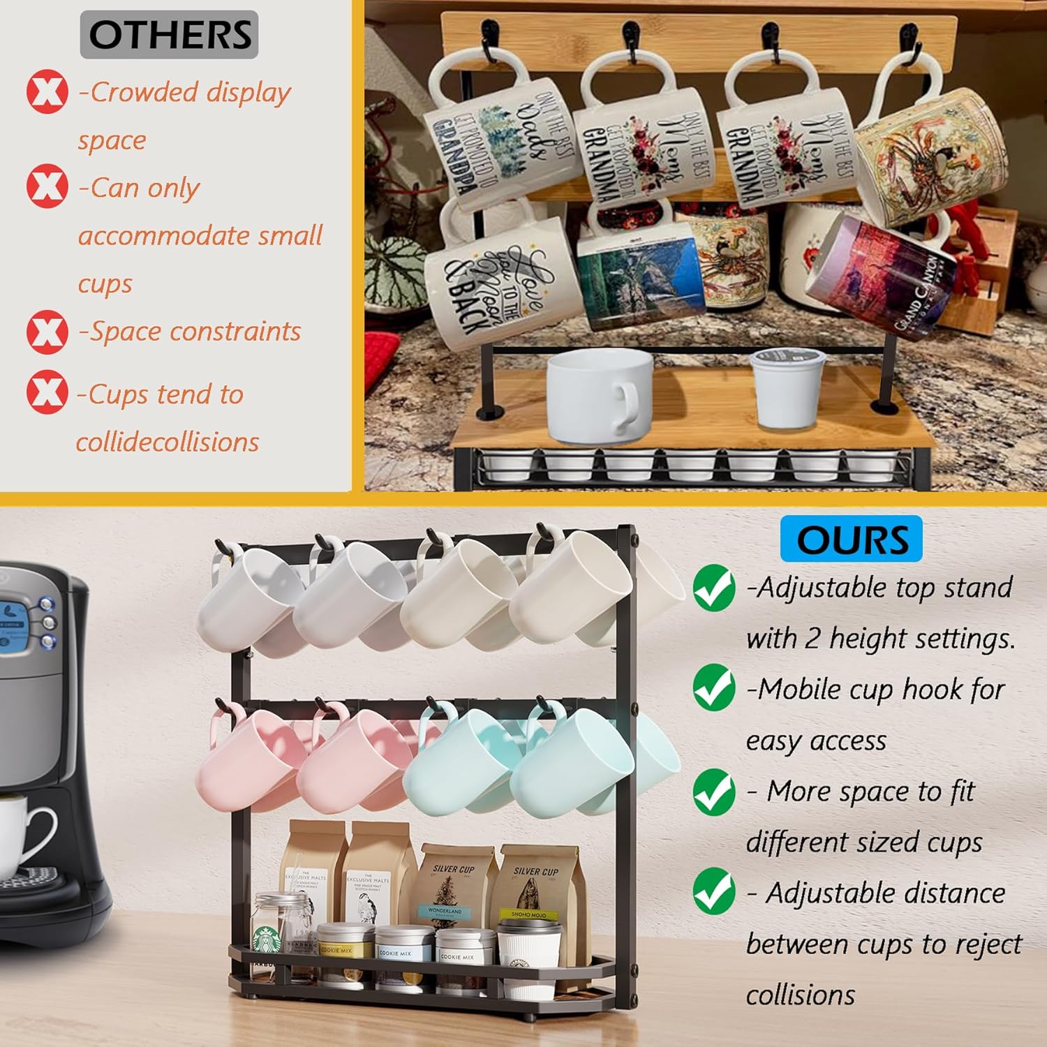 Coffee Mug Holder with Movable Hooks, 16 acity Coffee Cup Holder for