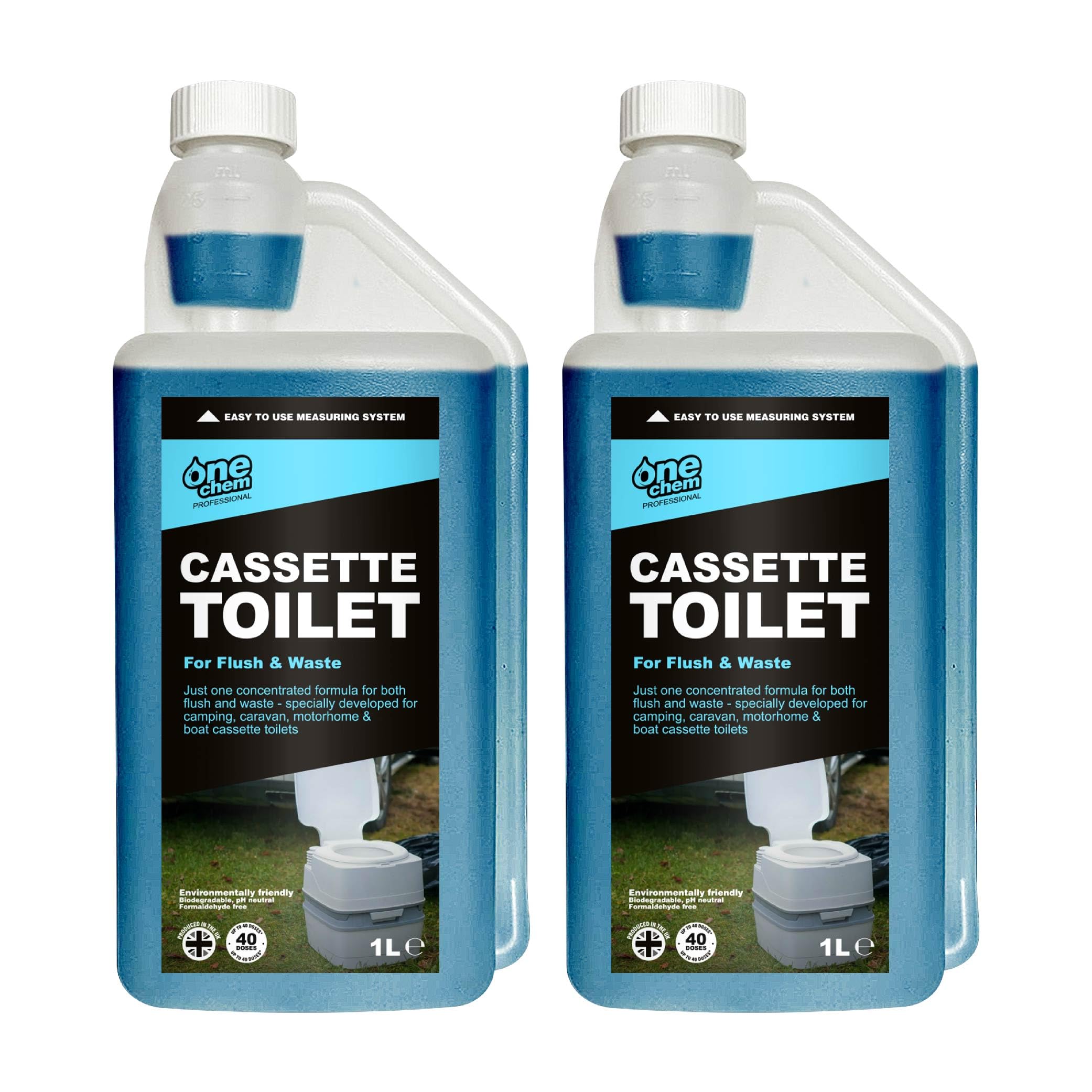 One Chem Professional Cassette Toilet 2 x 1 Litre Concentrate, Up to 40 Doses, 2 in 1 Blue Fluid, Flush and Waste