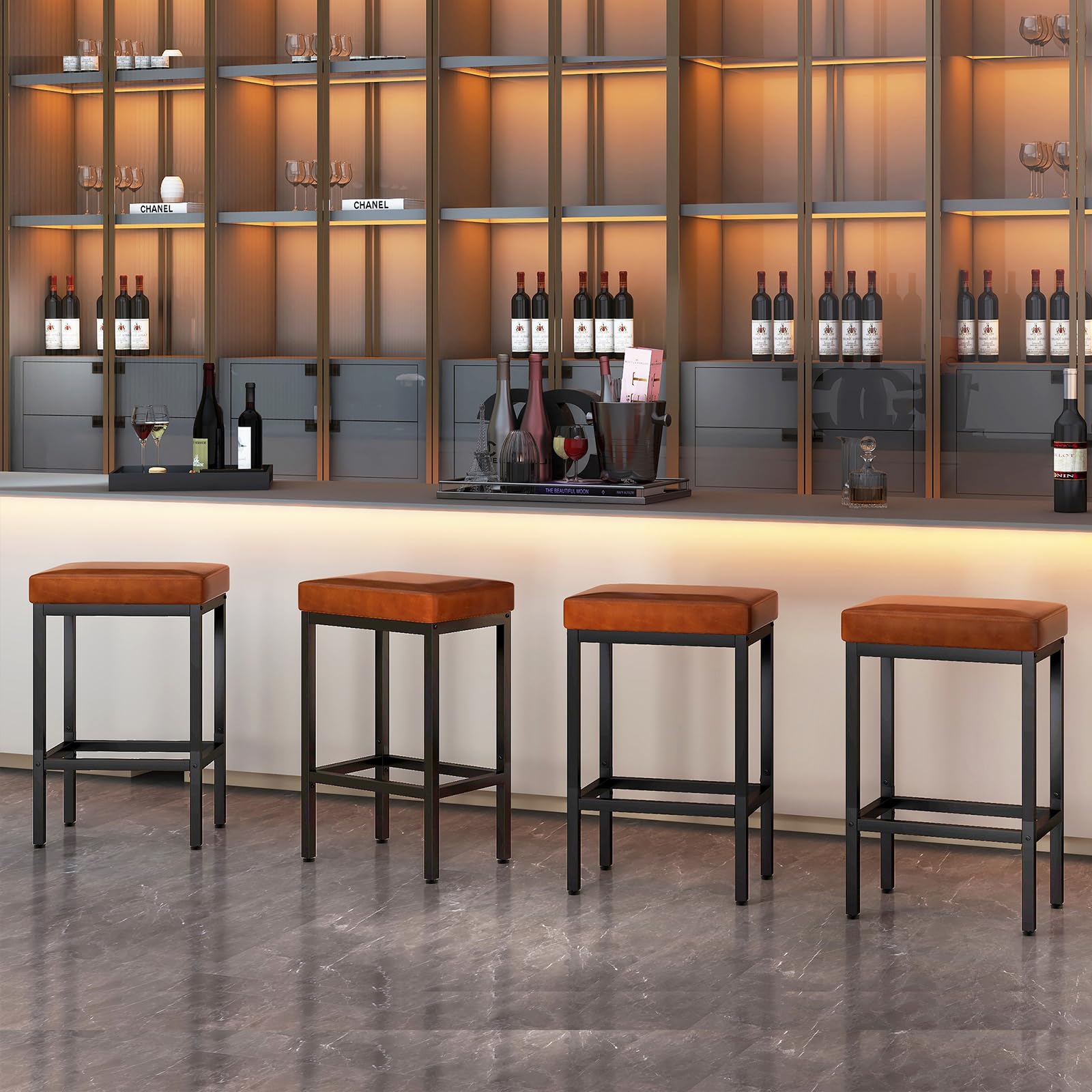 YMYNY Tabouret Bar, 66 cm Tabouret de Bar Lot de 2, Brun Caramel Chaise de Bar, Cuir PU Tabourets de Bar, 6 cm Siège Rembourré, Cadre en métal, Chaise Haute Bar, Chaise Haute Cuisine, HBS513J