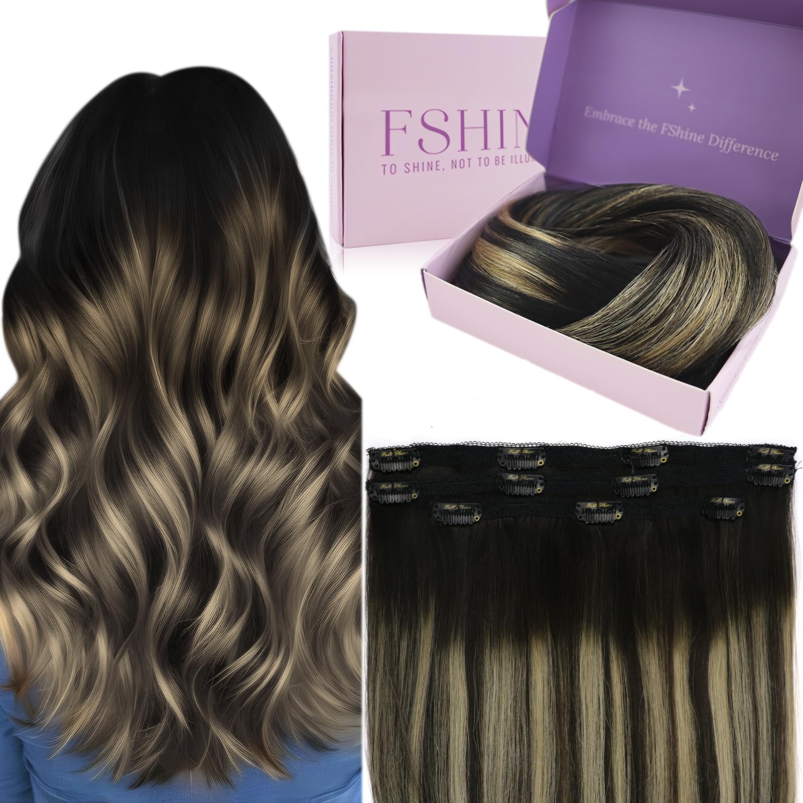 Fshine Extensiones de Clip de Pelo Natural Humano 7pcs 14 Pulgadas Extensiones Clip Pelo Natural Negro Natural Color 1B 120G — view 41