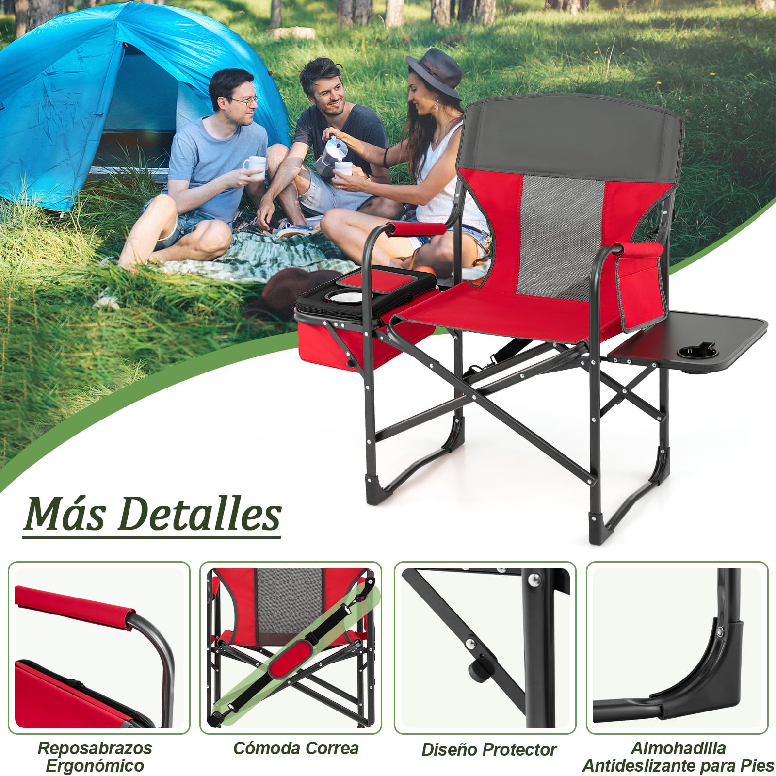 GOPLUS Silla Alta de Director, Silla Plegable para Maquillaje con Mesa Lateral, Portavasos, Bolsillo de Almacenaje, Bolsa de Malla y Reposapiés, Carga150 kg, Ligera para Camping (Rojo+Gris)