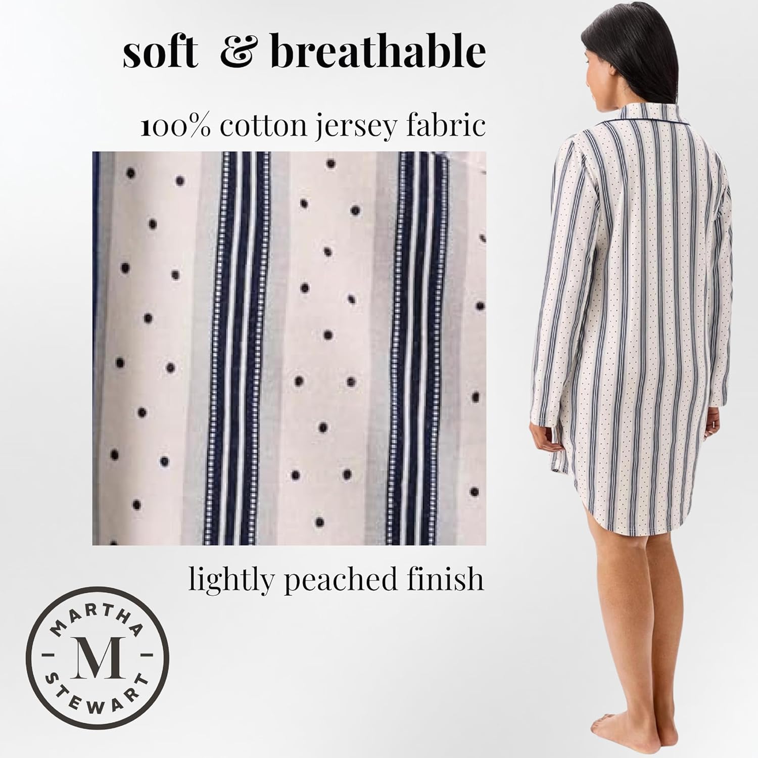 Martha Stewart Classic Long Sleeve Nightshirt for Women | Cotton Notch Collar Striped Sleepwear | Timeless and Elegant - Image 4