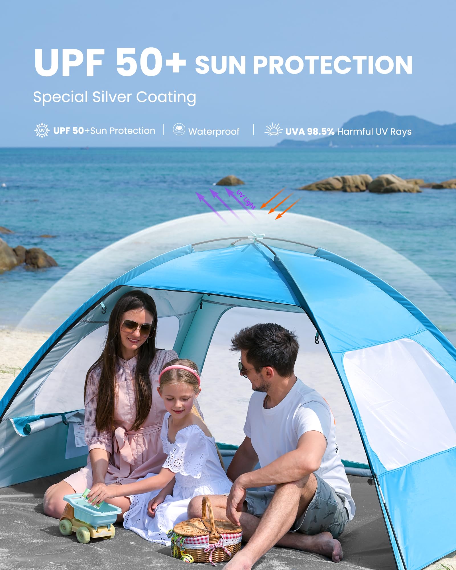 BINO Grande Tente De Plage Escamotable Pour 3-4 Personnes, Abri De Soleil Portatif Automatique Avec Auvent 50 Bnof2814 BINO Grande Tente De Plage Escamotable Pour 3-4 Personnes, Abri De Soleil Portatif Automatique Avec Auvent 50 Bnof2814