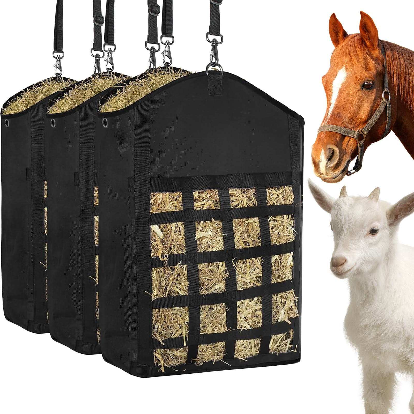 Hay Bags for Horses, 3 Packs Slow Feed Nylon Hay Bag with Large Opening, Premium Oxford Hay Feed Bags for Horse, Goats,Sheep,Cow, Easy to Fill and Hang, Front Hay Net Design