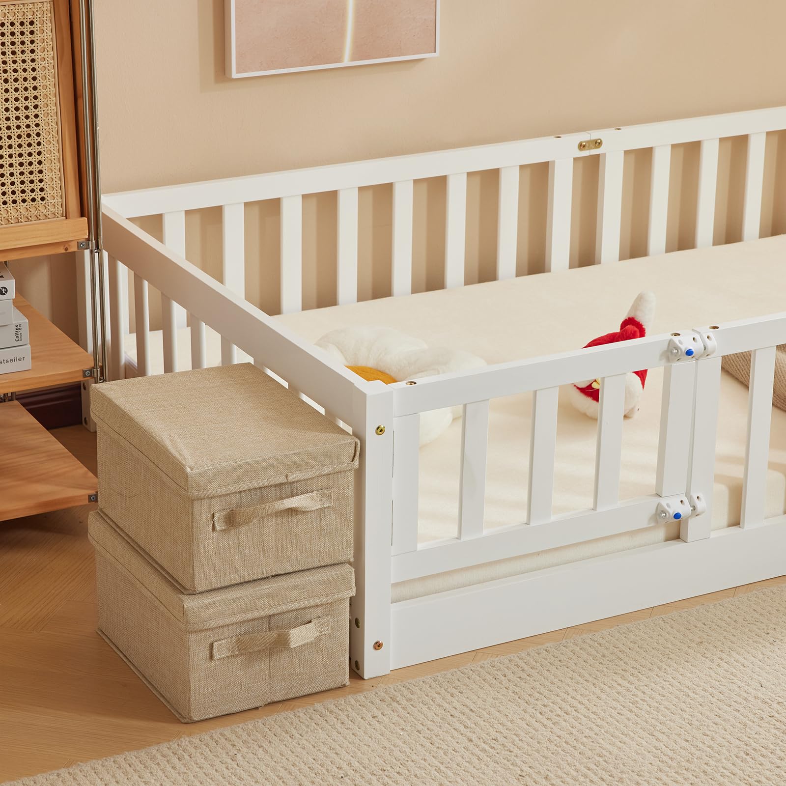 Bonnlo Lit Enfant 90x200, Lit Montessori au Sol Enfant en Bois, pour Chambres d'enfants, pour garçon et Fille,Blanc