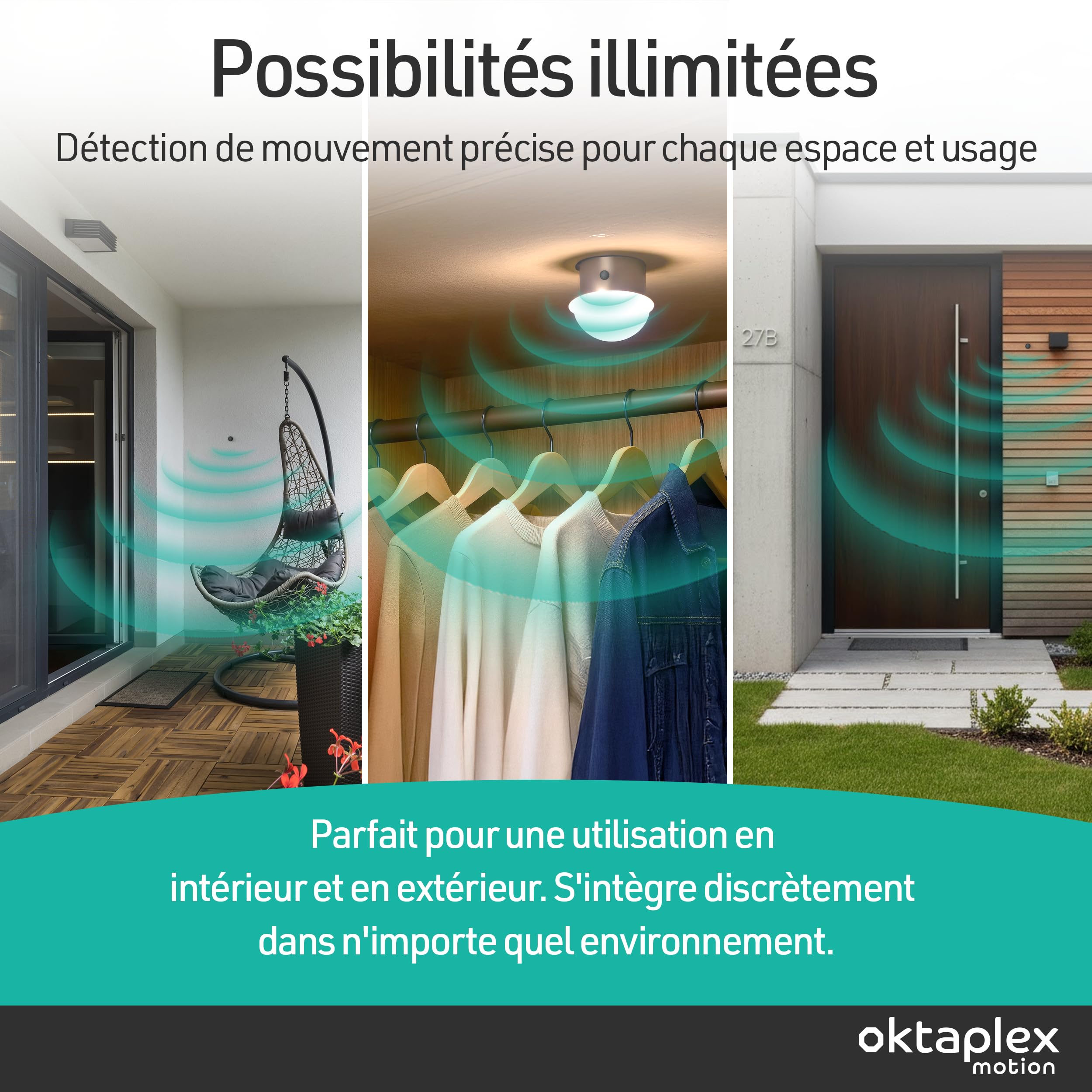 Oktaplex Jana détecteur de mouvement intégré extérieur 360 degrés capteur infrarouge 4m de diamètre IP65 / IP20 capteur de mouvement noir avec câble de 50cm