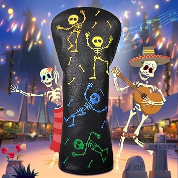 Big Teeth Golf Club Head covers for Driver/Fairway Wood/Hybrid/Putter/Iron Balck PU Leather Colorful Skull Pattern