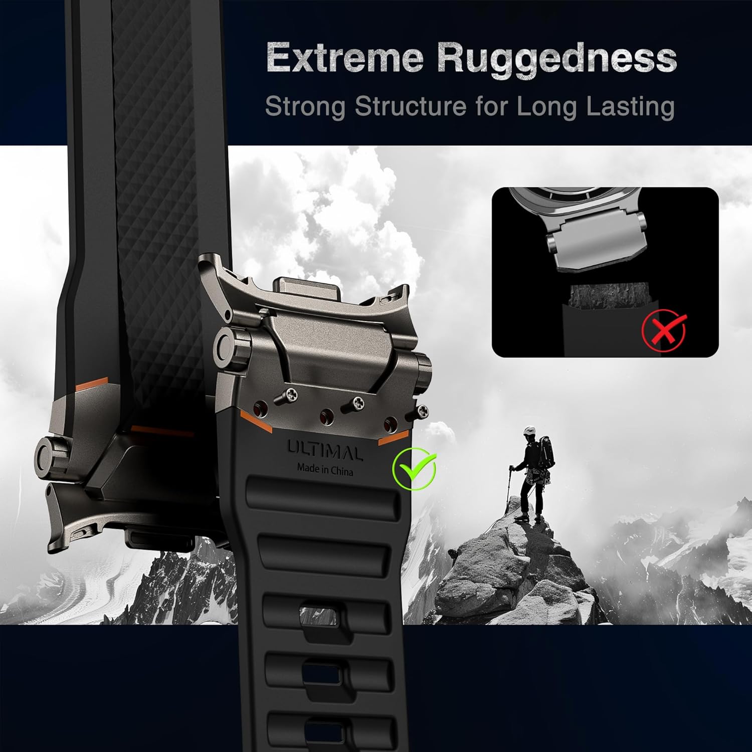 ULTIMAL Rugged TPU Sport Band ONLY for Samsung Galaxy Watch 8 Classic & Galaxy Watch 8 (40/44/46mm), Replacement Strap with Secure Connector, Waterproof Sweat-Resistant, Fit 6.2”-8.9”(Black+Grey)