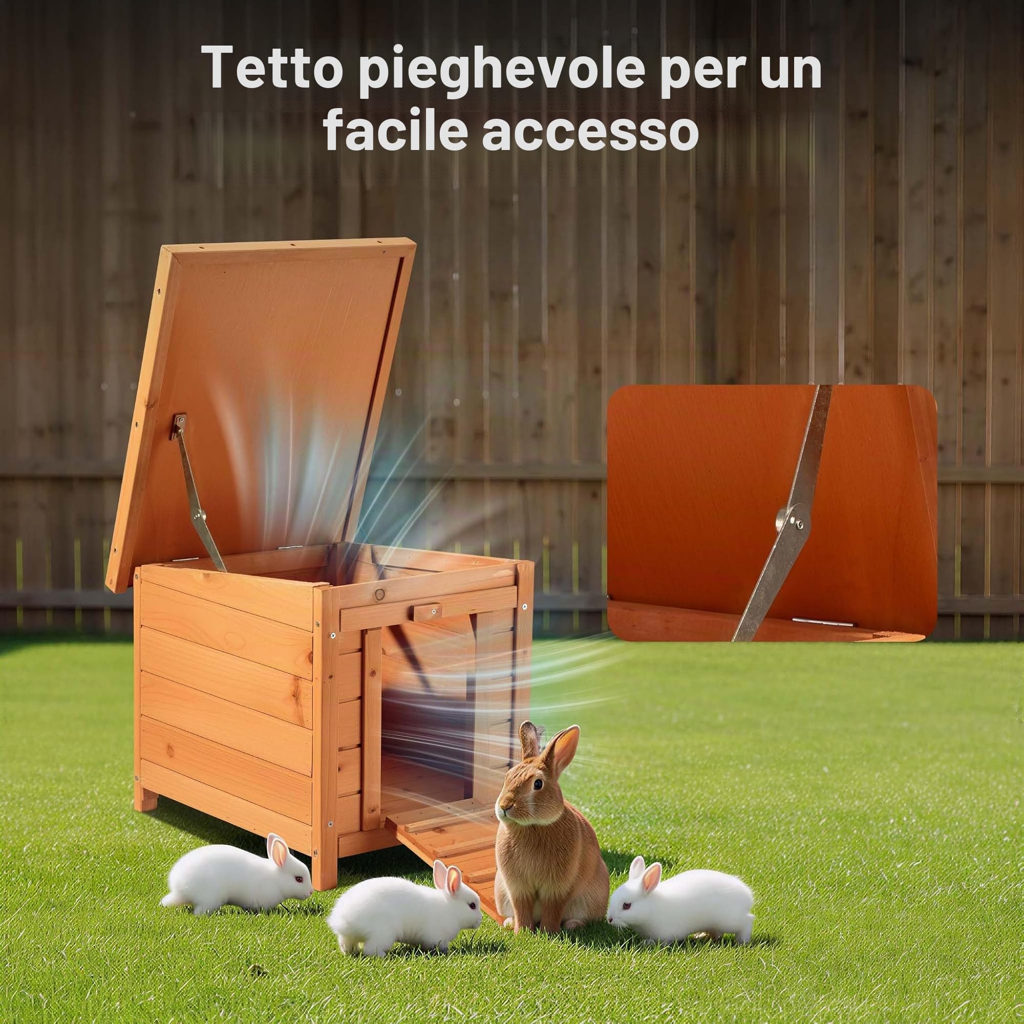 Wiltec Cuccia per gatti 420 x 515 x 430 mm in legno di abete rosso, casetta per conigli con tetto incernierato, guarnizione in bitume, conigliera per animali da giardino/balcone
