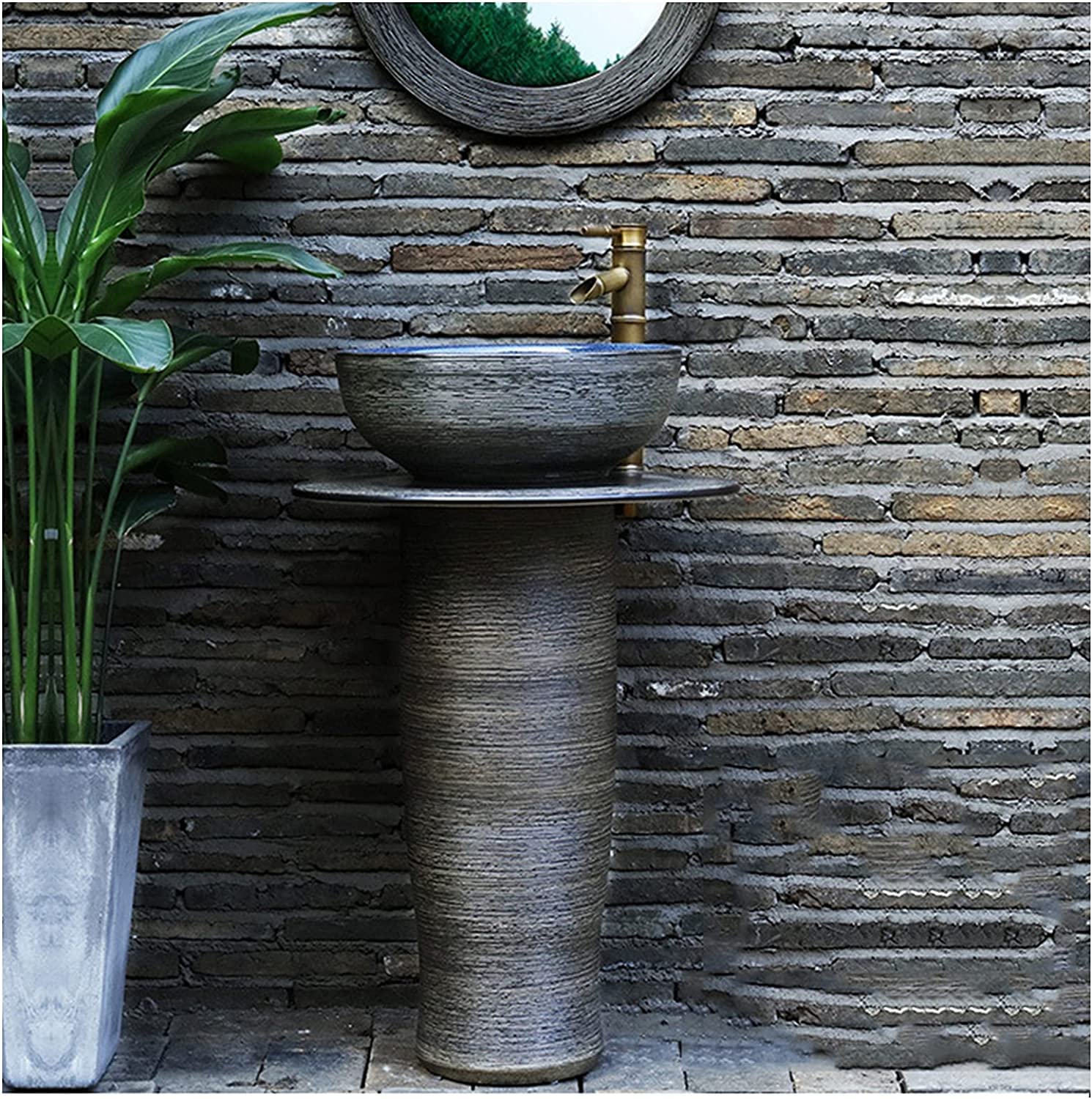 OLSKFUH Freestanding Pedestal Sink Floor Standing Art Sink Oval Bathroom Basin Sink, Pedestal Bathroom Sink Ceramic Basin Sink And Pedestal Lavatory Sink For Indoor And Outdoor,B,A