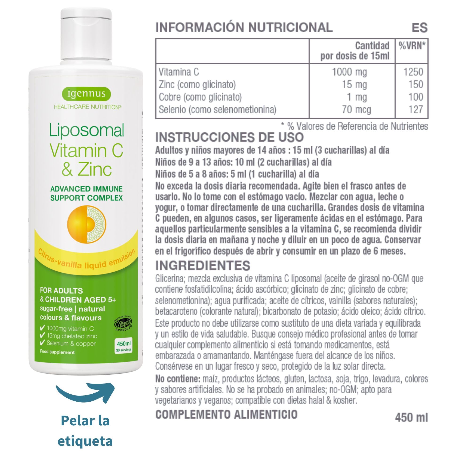 Complejo de Vitamina C Liposomal 1000mg con Zinc, Cobre y Selenio, Formato Líquido, Refuerzo Inmunológico para Adultos y Niños, Sabor a Cítricos y Vainilla, 30 Dosis de Igennus