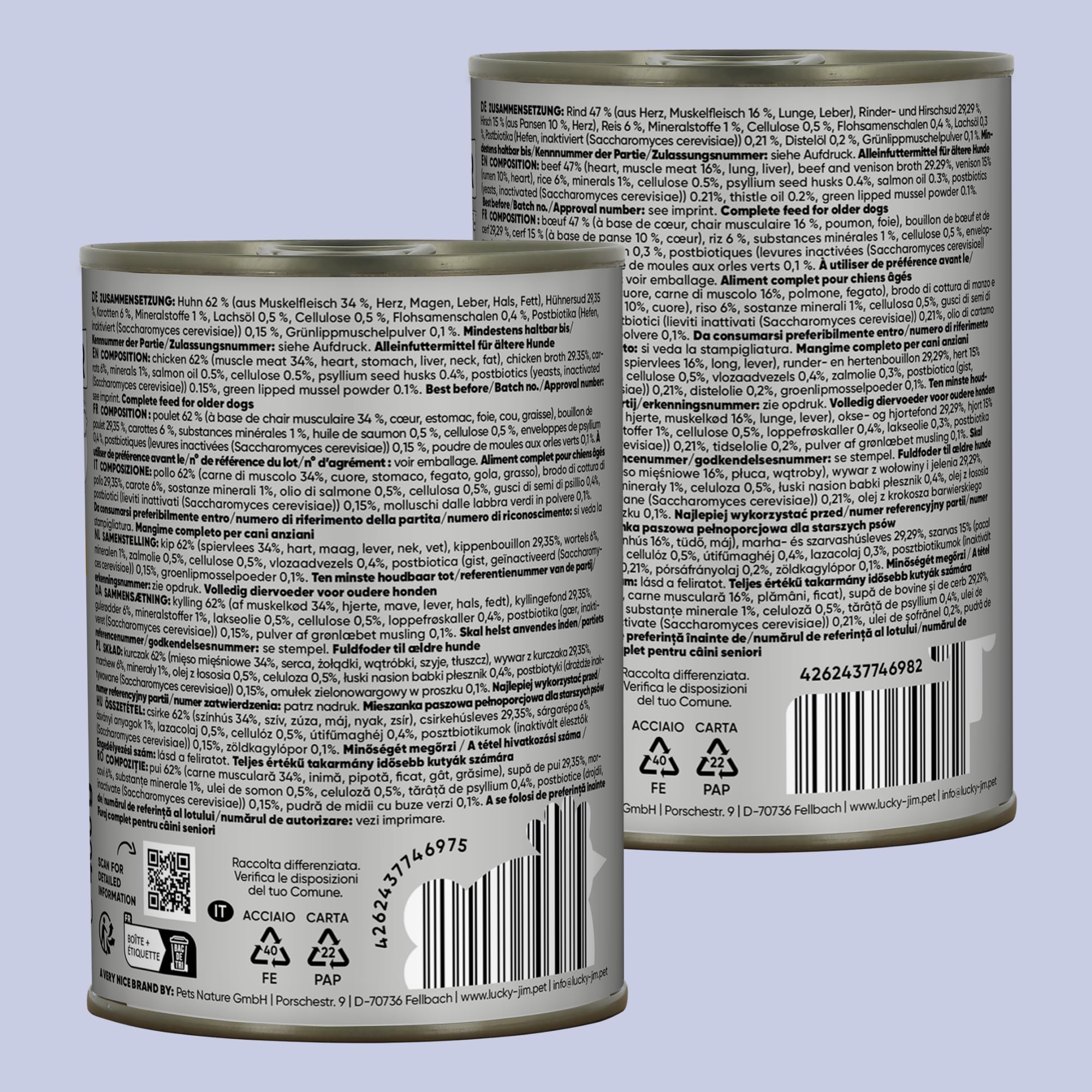 LUCKY JIM Huhn, Rind & Hirsch Senior Hundefutter nass - 18 x 400g Dosen - Nassfutter für ältere Hunde, ohne Zuckerzusatz & mit Postbiotika, Made in Germany, mit Tierärzten entwickelt